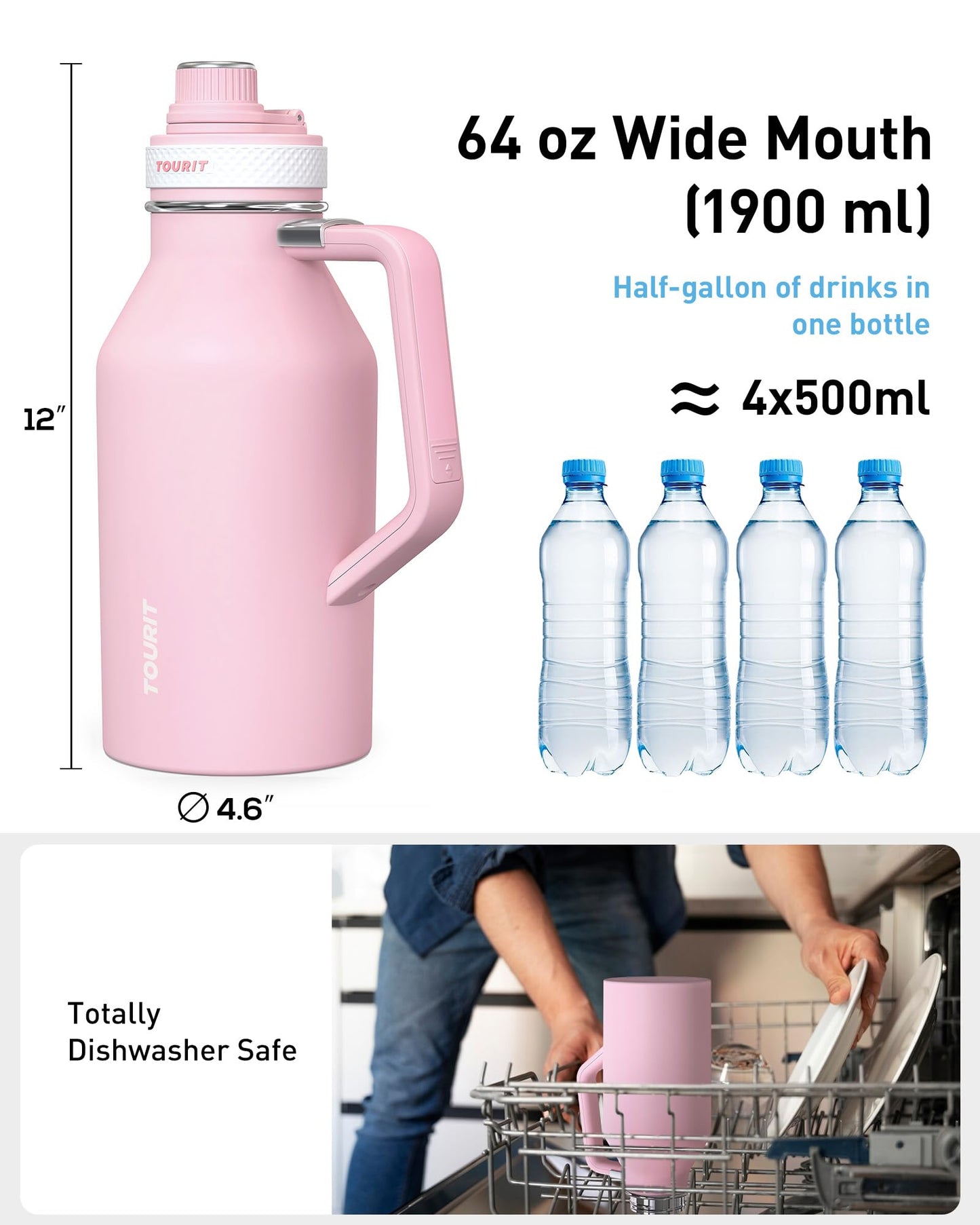 TOURIT 64oz Insulated Water Bottle Stainless Steel, Half Gallon Large Water Jug with 2-in-1 Handle, Double Wall Vacuum Metal Keep Cold & Hot, Wide Mouth Sport Water Flask For Gym, Travel, Silver