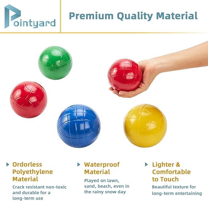 Pointyard 90mm Bocce Ball Set with 8 PE Balls, 1 Pallino, Carrying Bag, Measuring Tape - Family Game for Outdoor/Lawn/Beach/Park