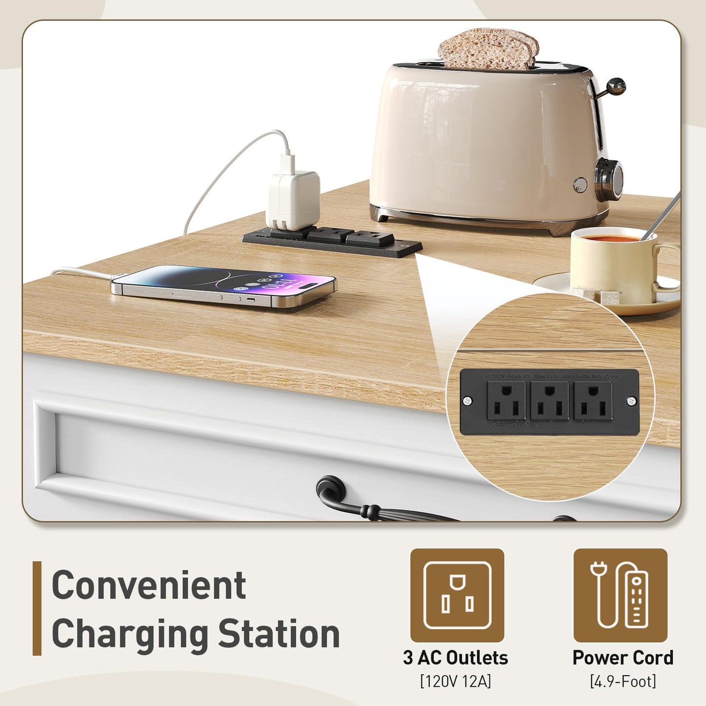 RALGEND Kitchen Island with Power Outlets & Drop Leaf, Rolling Kitchen Cart on Wheels, Kitchen Storage Island with Spice Rack and Drawer, Mobile Island Table for Kitchen, Dinning, White and Natural
