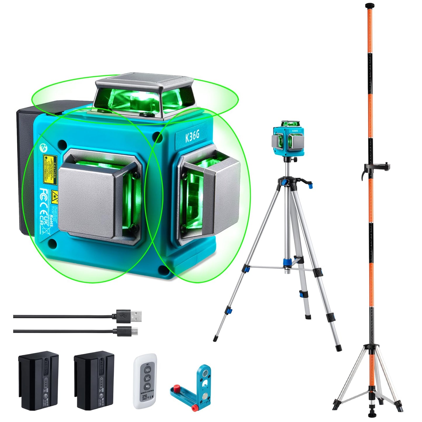 KEZERS Laser Level with Tripod & Laser Level Pole,12Ft/3.7M Telescoping Pole for Laser Level,Laser Level 360 Self Leveling,Green Line Laser Level for Picture Hanging,Tile Laying,Construction