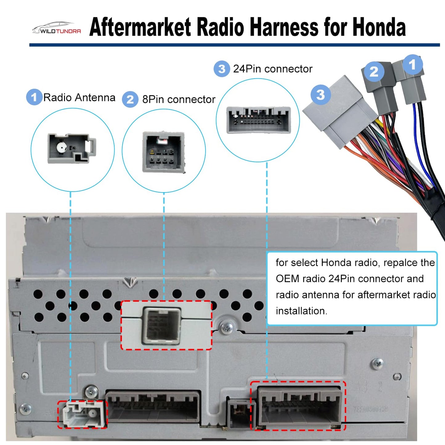 16-Pin 2013-2020 Android Aftermarket Radio Wiring Harness Adapter for Honda Odyssey (Except EX-L Trim), with Antenna