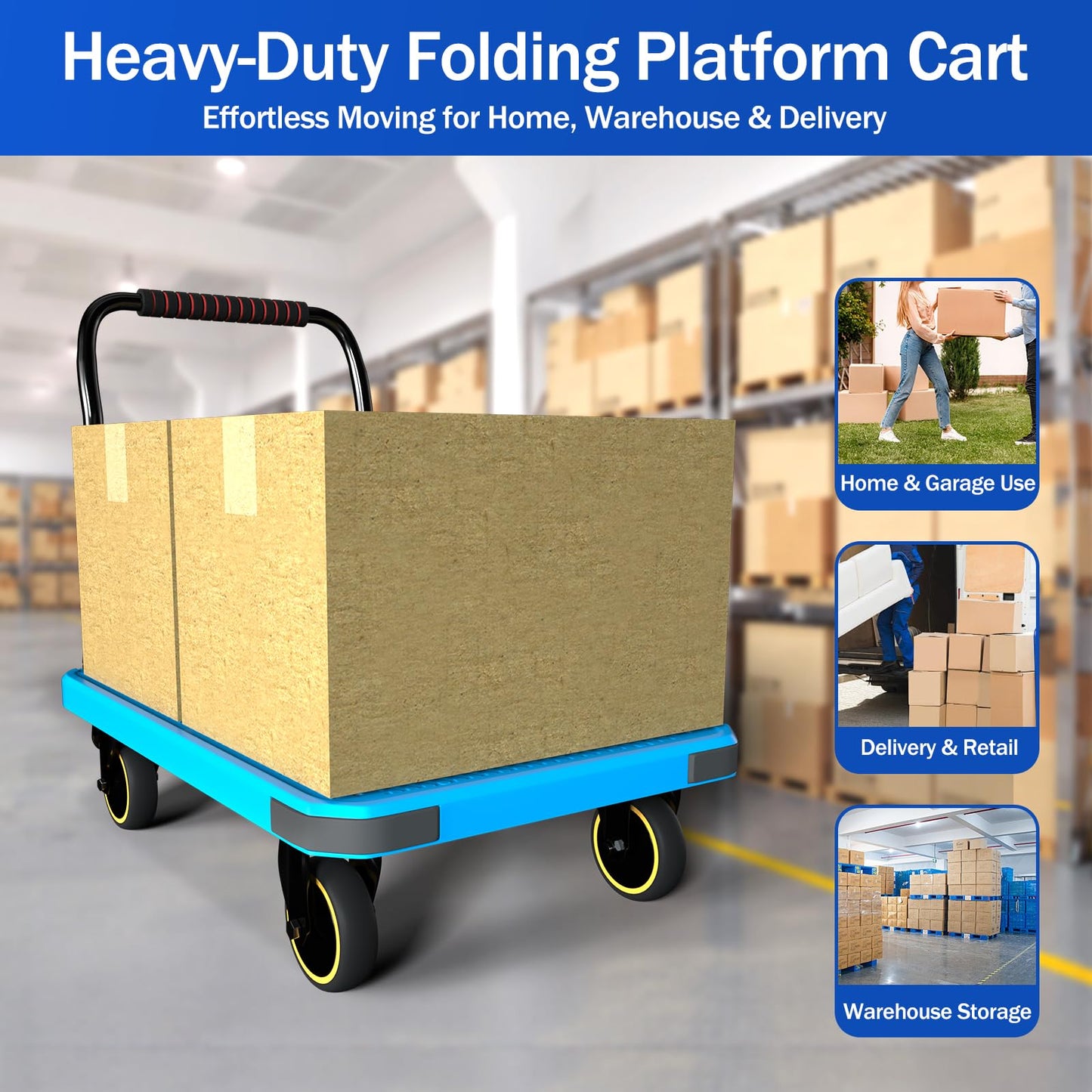 WUD Foldable Hand-Push Platform Truck with Brake, 360-Degree Swivel Wheels, 35.4”L x 23.6”W, 880 lb Load Capacity, Suitable for Luggage, Travel, Moving, Shopping, Office, Home Garden, Blue