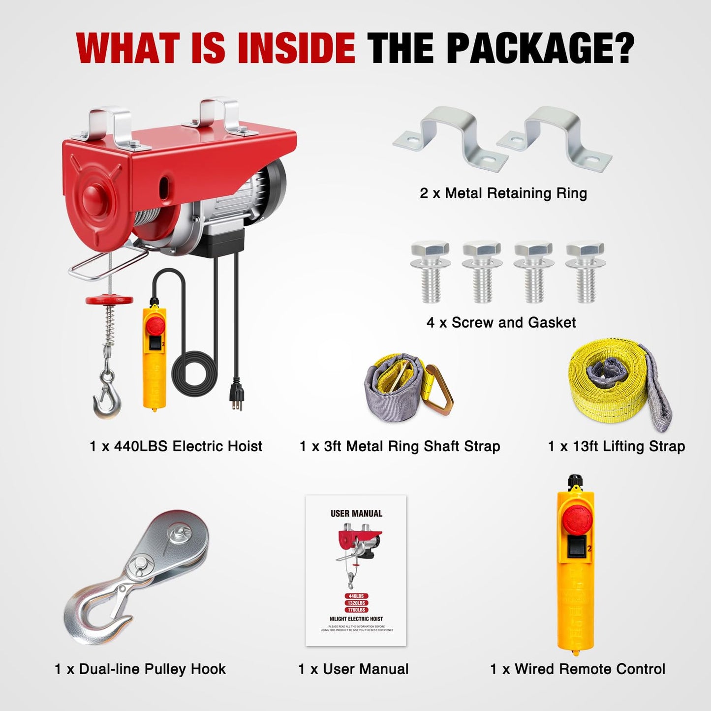 Nilight Electric Hoist 110V Electric Winch with Wired Remote, 440LBS Hoist Lift Single/Double Slings 39FT Lifting Height Material Handling Tool w Emergency Stop for Garage Warehouses Factories Attic