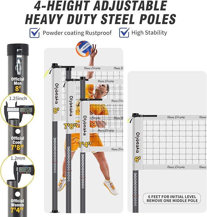 Outdoor Portable Volleyball Net Set for Backyard Beach with Adjustable Heavy Duty Poles, Durable Net, PU Volleyball & Pump, Carry Bag