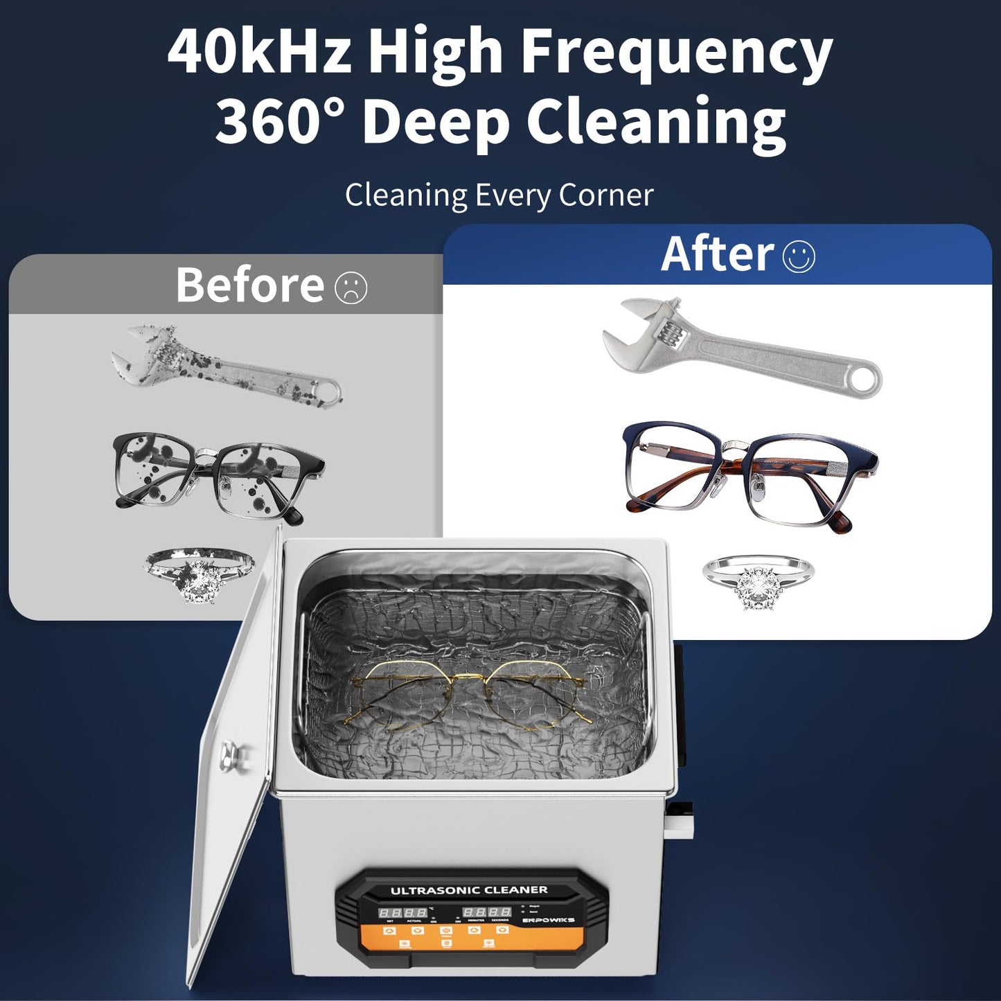Enpowiks Ultrasonic Cleaner 10L 240W Digital Ultrasonic Cleaning Machine with Upgraded Degassing & Gentle Mode, 40kHz, with Heater & Timer for Tools, Jewelry, Watches, Glasses, Dentures, Small Parts
