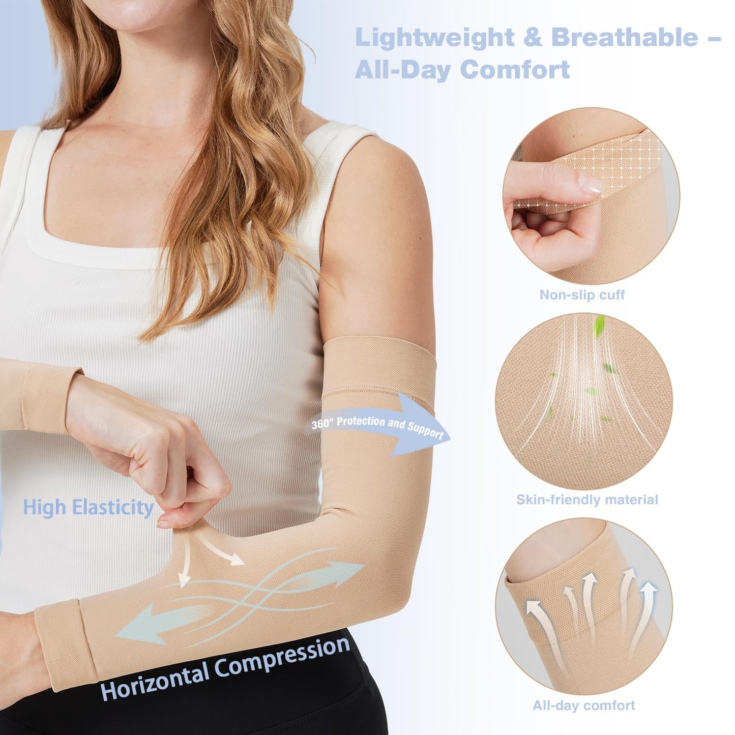NOMIYEI Lymphedema Arm Sleeves for Women - 20-30 mmHg Graduated Compression Full Arm Support for Swelling Relief, Post-Surgery Recovery & Improved Circulation, Beige, Large