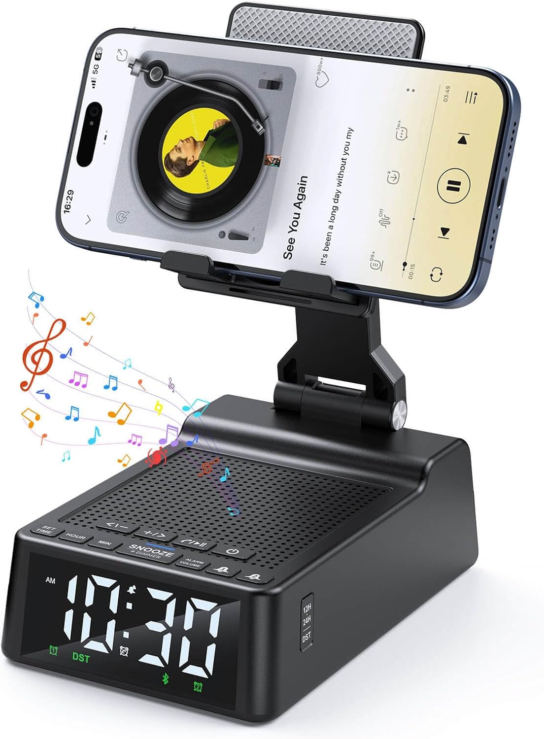 FunPay Gift for Women Men, Cell Phone Stand with Wireless Bluetooth Speaker and Alarm Clock Adjustable Cellphone Holder