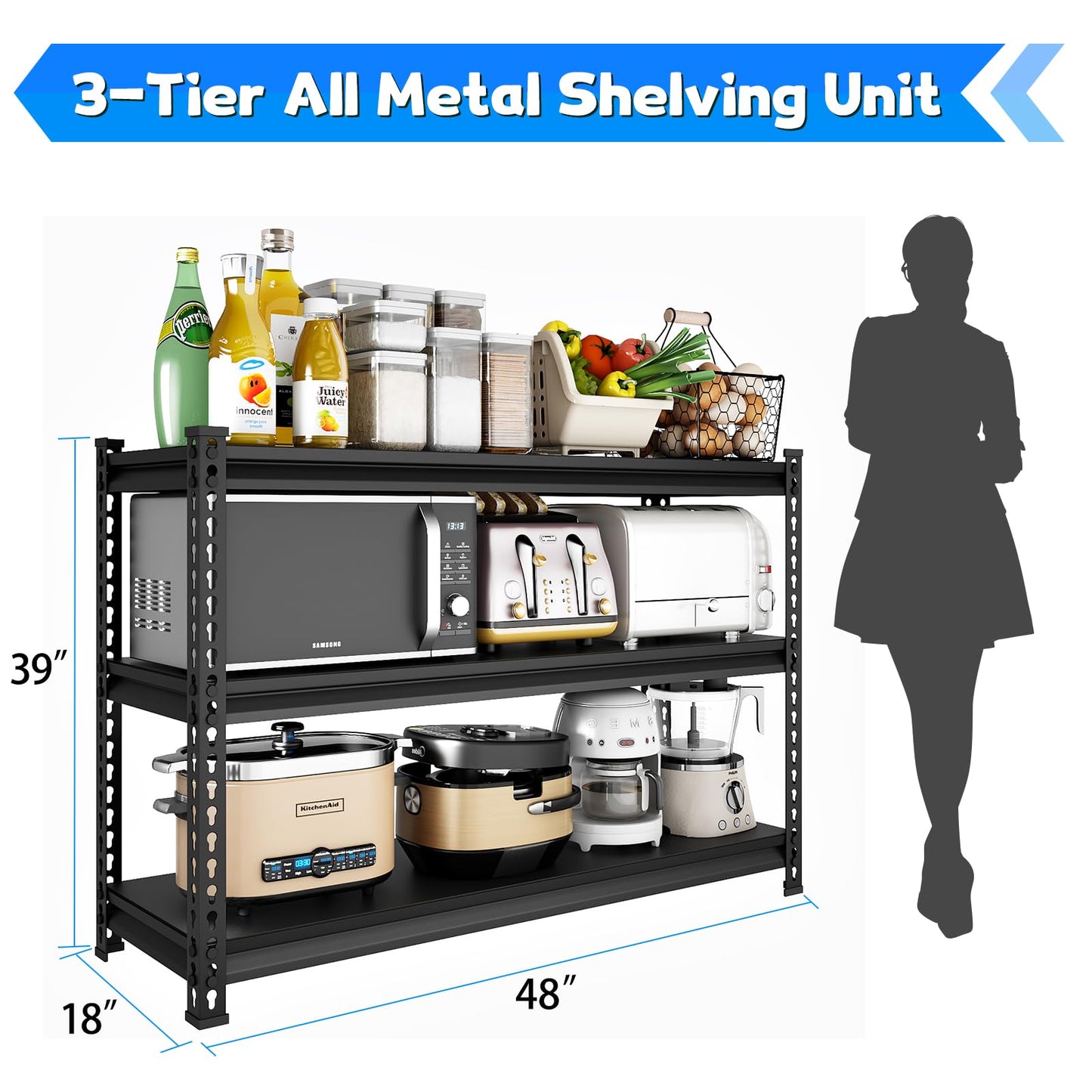 SDXYSTCE 48" W Garage Shelving Heavy Duty, 1500LBS Loads Adjustable Garage Storage Shelves, 3-Tier Metal Shelving Units and Storage Racks, Industrial Utility Shelf,48" Wx18 Dx39 H, Black