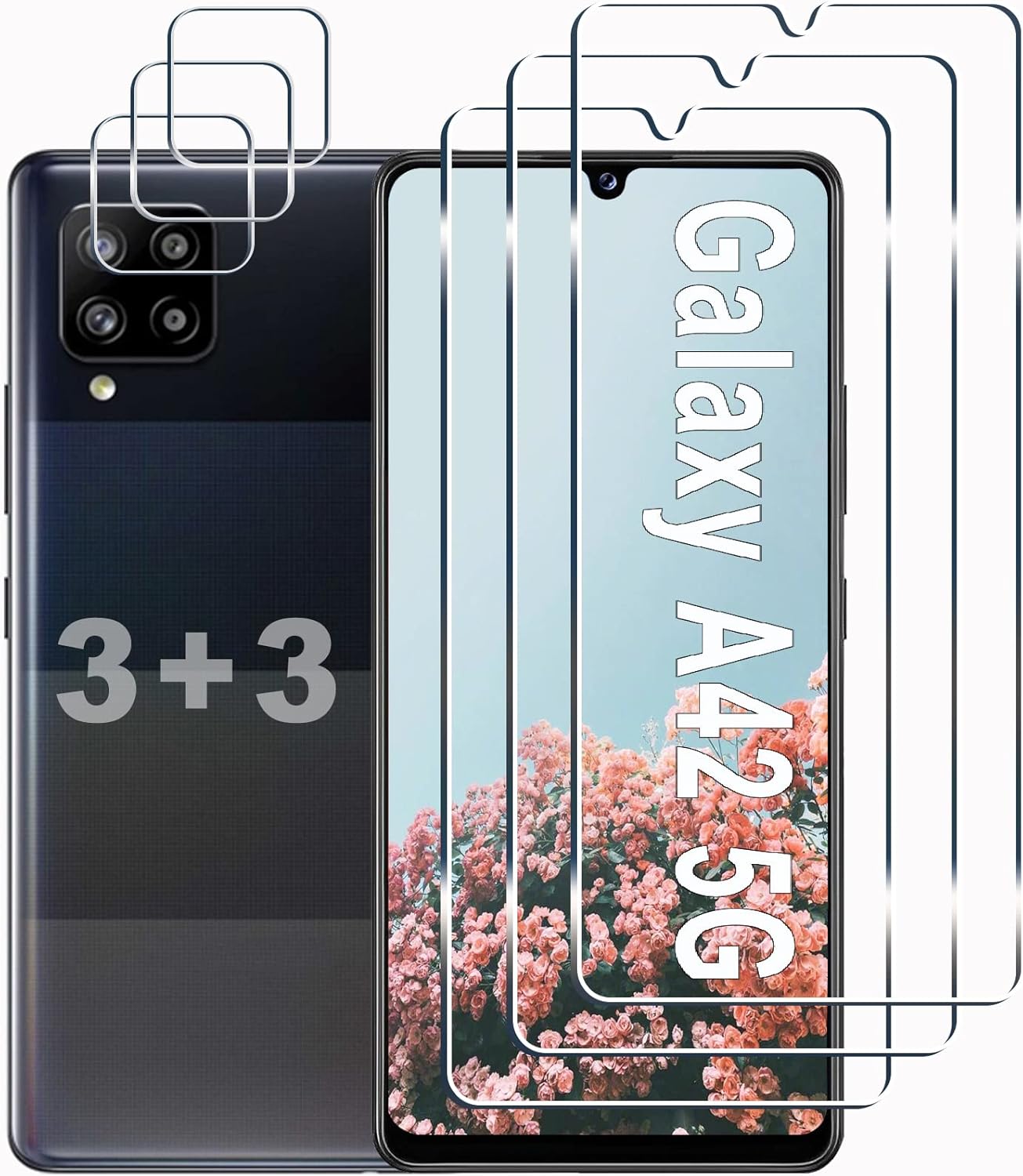 [3+3 Pack] A42 9H A42 5G Designed for Samsung Galaxy Screen Protector + Camera Lens Protector, Easy Installation