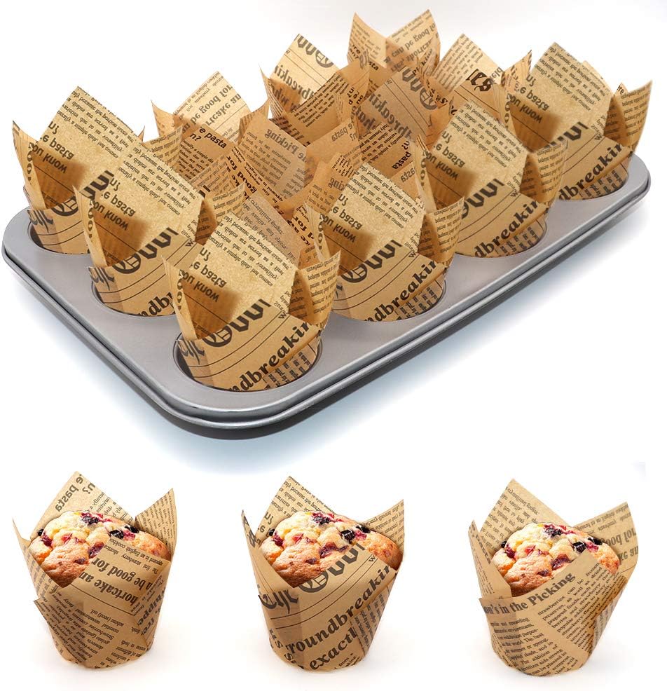 Skiennix Tulip Cupcake Liners - 150 Grease-Proof Baking Cups for Weddings & Parties | Standard Size, Natural Newspaper Print