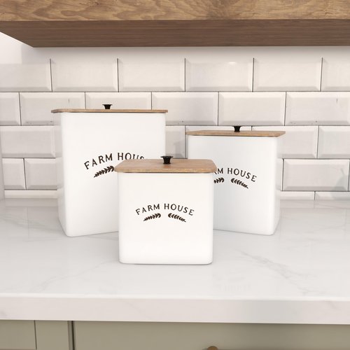 Deco 79 Metal Decorative Canisters Farm House Containers with Wood Lids and Black Accents, Set of 3 Keepsake Boxes 11", 9", 7"H, White