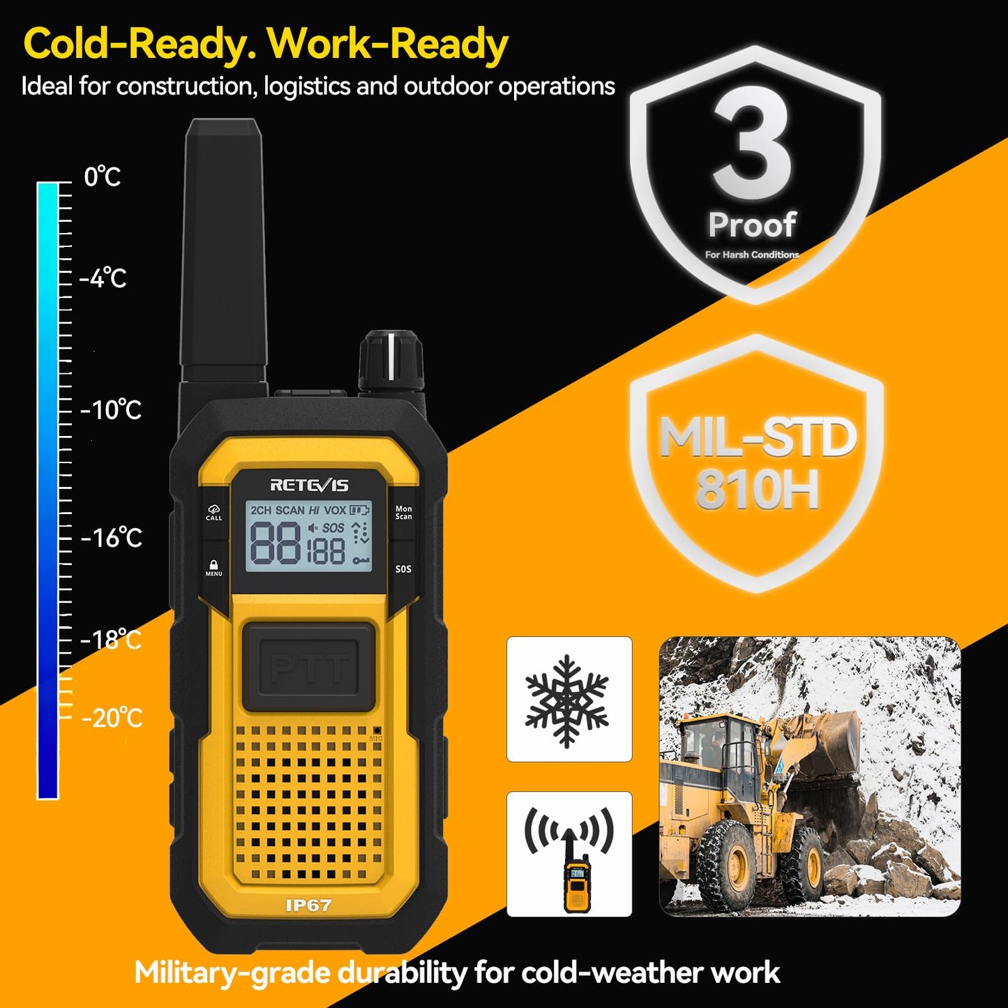 Retevis RB48 2 Way Radio Long Range, IP67 Waterproof Walkie Talkies Adults, Drop-Proof, 2000mAh, Emergency, Heavy Duty Two Way Radios, for Job Site Construction Warehouse(6 Pack)