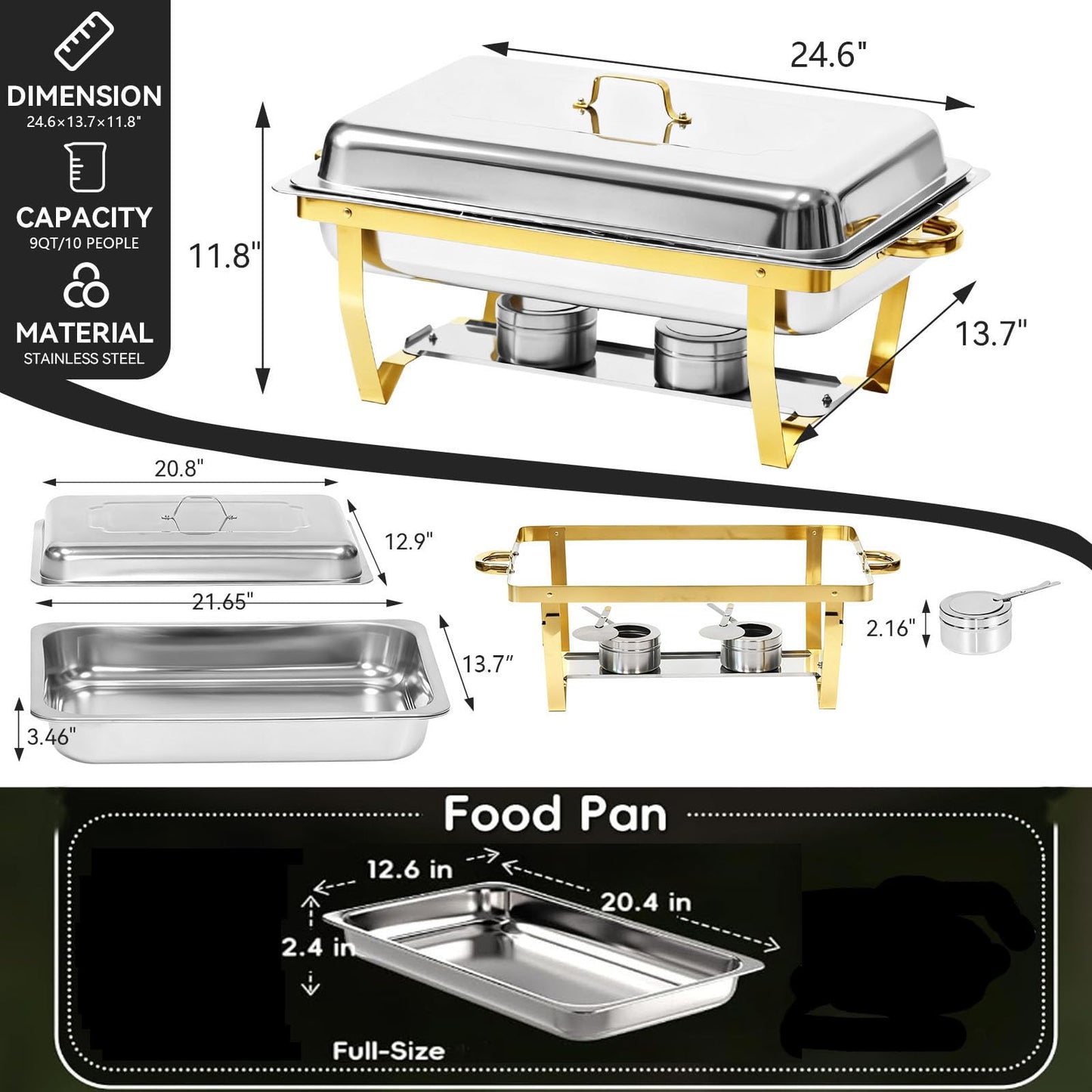 9Qt Chafing Dishes for Buffet, Gold Stainless Steel Chafing Dish Sets, Food Warmers for Parties, Buffet Servers and Warmers, Warming Trays for Buffets Party, Catering Supplies Buffet Display, 4 Pack