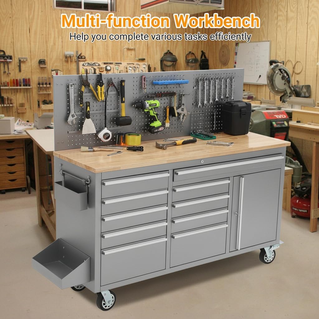 MilleLoom Tool Chest, 61 Inch Tool Box Mobile 9 Drawers Storage Rolling Cabinet with Wheels Lock Key Locking System Drawer Liners for Garage Warehouse Repair Shop, Sliver