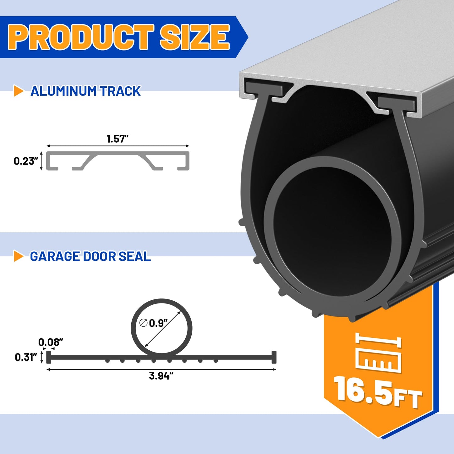 Bamgoten Garage Door Bottom Seal, 16.5FT Heavy-Duty Garage Door Seal with Aluminum Track Retainer Kit, Durable Universal U+O Ring Weather Stripping Rubber Simple Installation Black
