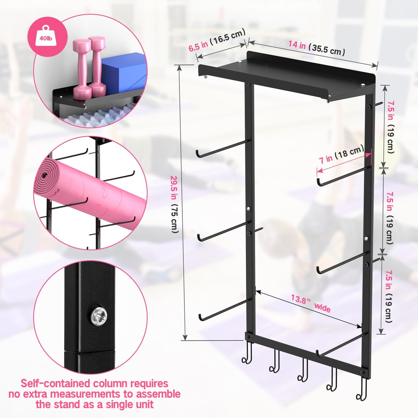 Inlisy Yoga Mat Holder Wall Mount, 4-Tier Iron Yoga Mat Rack Wall Mount Organizer, Heavy Duty Gym Wall Storage for Multiple Mats, Easy Install Space Saving