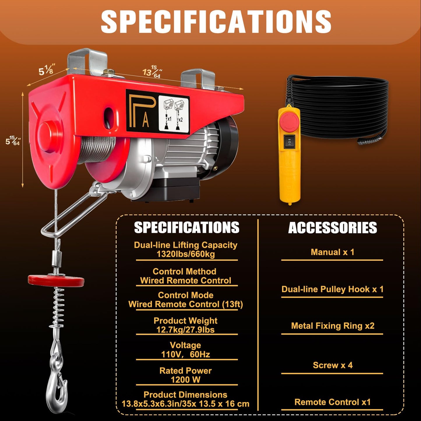 FITHOIST Electric Hoist 1320 lbs,110V Winch with Wired Remote Control,Electric Winch Single/Double Slings 39.4ft Lifting Height with Emergency Stop for Factories,Warehouses,Construction Site