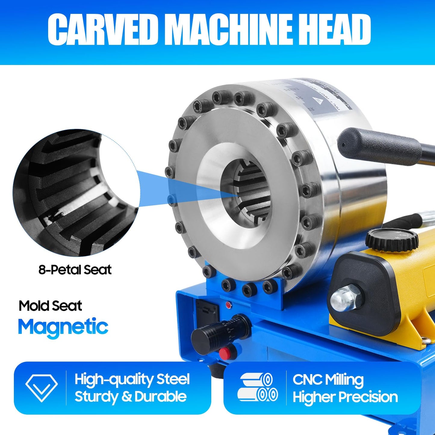 sjcdicnj Hydraulic Hose Crimper with 8 Sets of Dies, High Pressure Hydraulic Hose Crimping Tool, 0.01mm Accuracy, Handheld Hose Crimping Machine for Automotive, Industrial & Plumbing Pipes (Sliver)