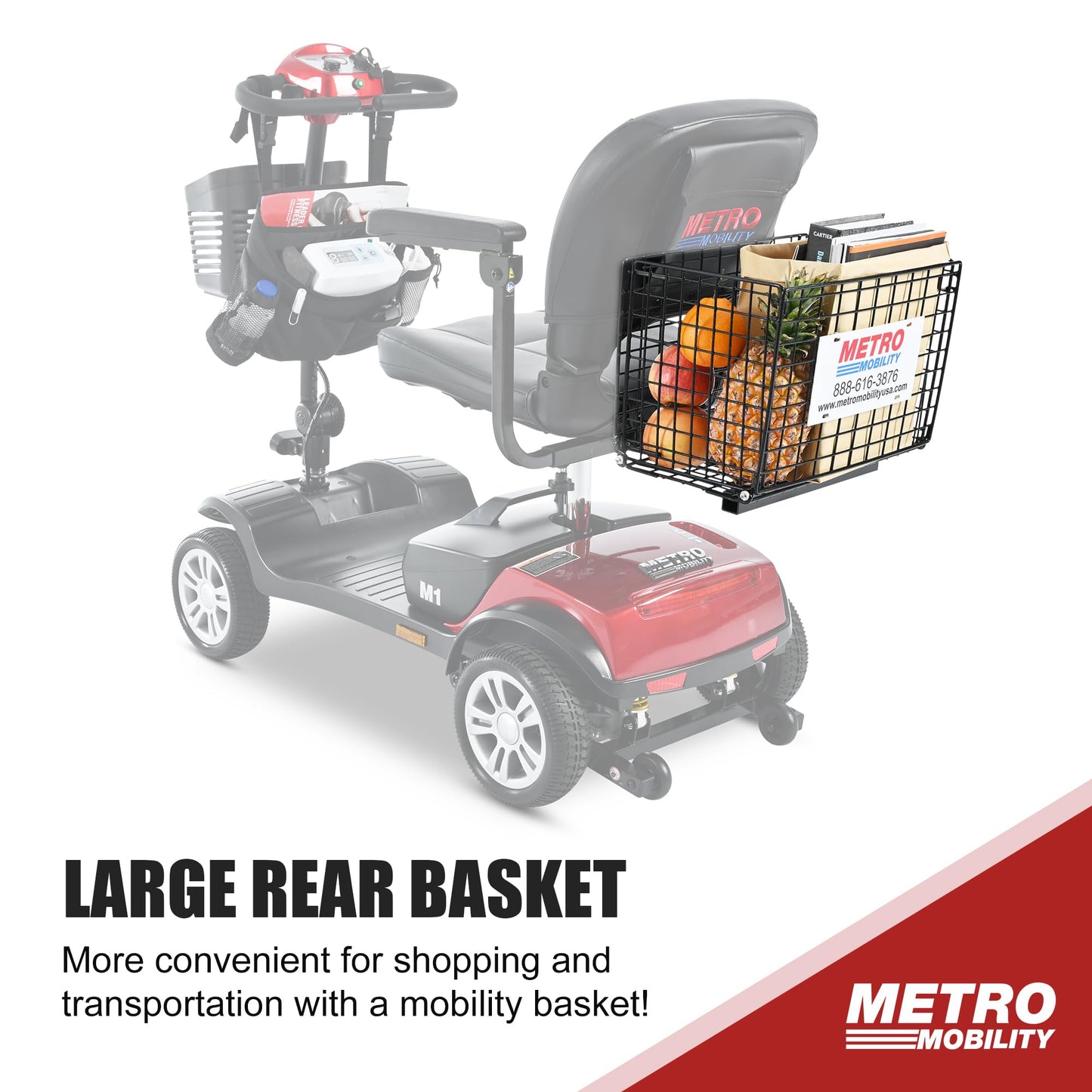 Metro Mobility 4 Wheel Foldable Mobility Scooter for Adults - 300 lbs Capacity Electric Mobility Scooters for Seniors, Travel - Long Range Power Extended Battery with Charger and Basket - Red