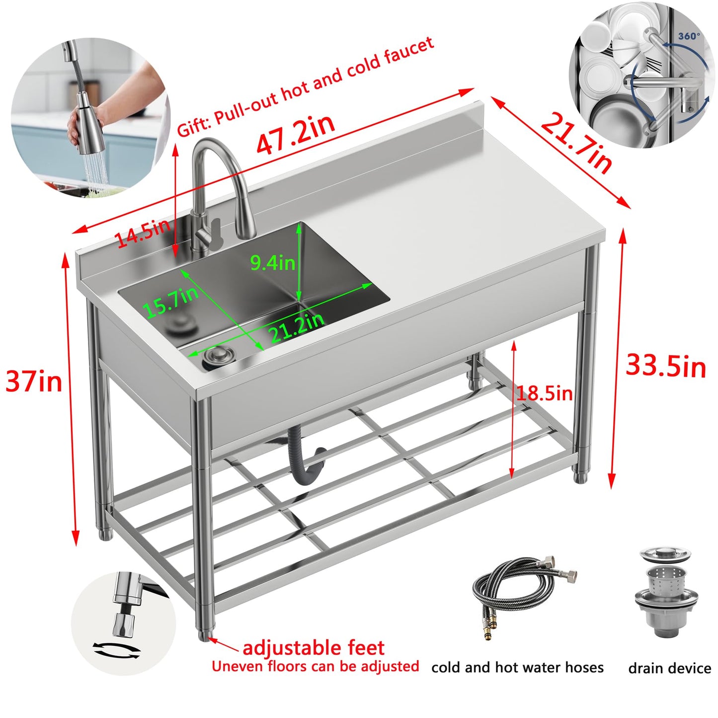 GGW Commercial Sink with Drainboard, Stainless Steel Utility Sink with Pull-out Faucet, Free Standing Single Bowl Kitchen Sink with Workbench for Restaurant, Garage, Outoor, 21.7"D x 47.2"W x 37"H