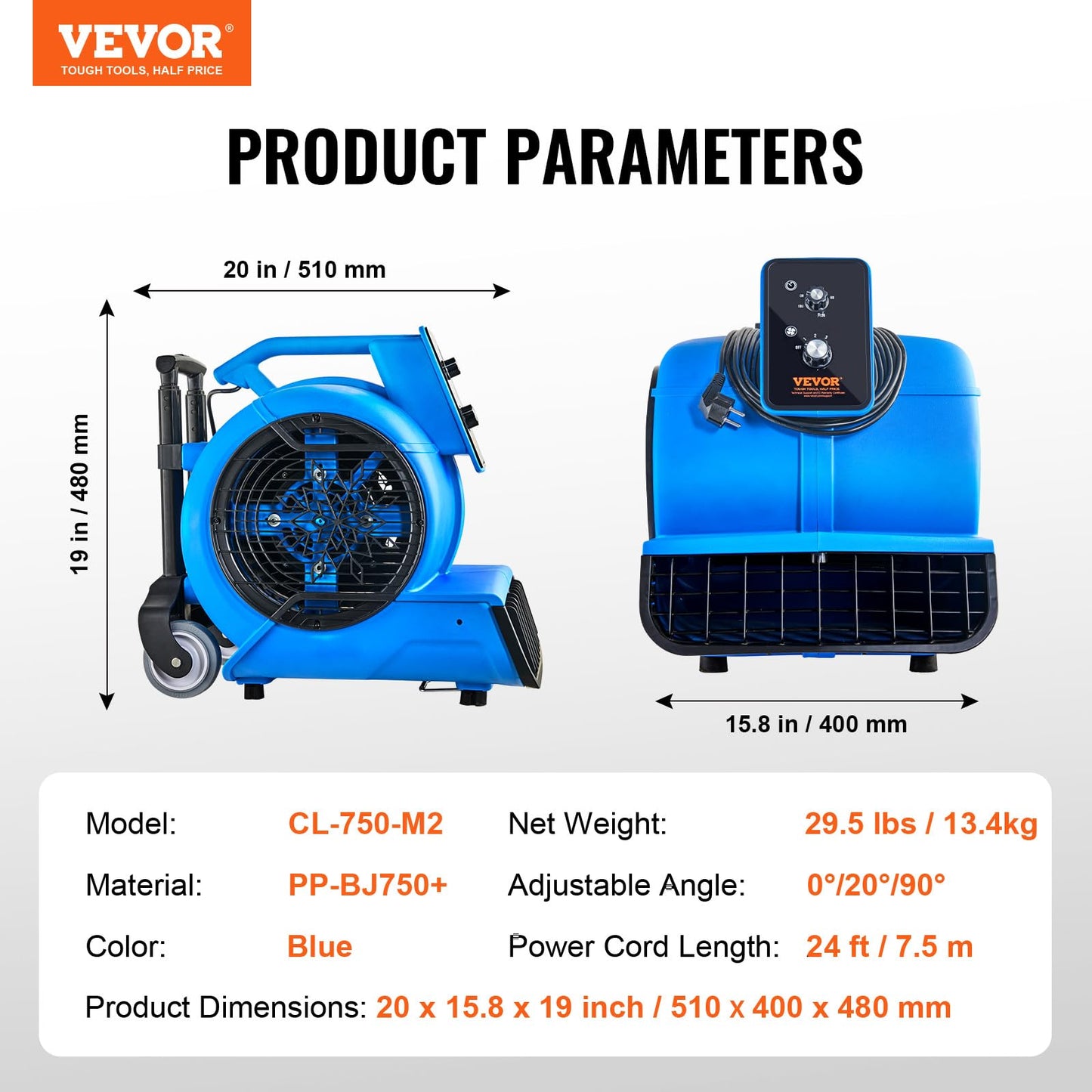 VEVOR Air Mover, 1 HP 4000 CFM Carpet Dryer for Cooling and Ventilating, Portable Floor Blower Fan with 3 Blowing Angles and Time Function, for Janitorial, Home, Commercial Use