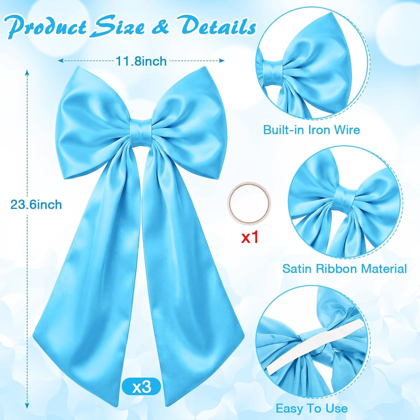 Suncalla Large Sky Blue Satin Bow Decorations - 3 Pcs 2 Ft Hanging Wall Decor for Weddings & Parties