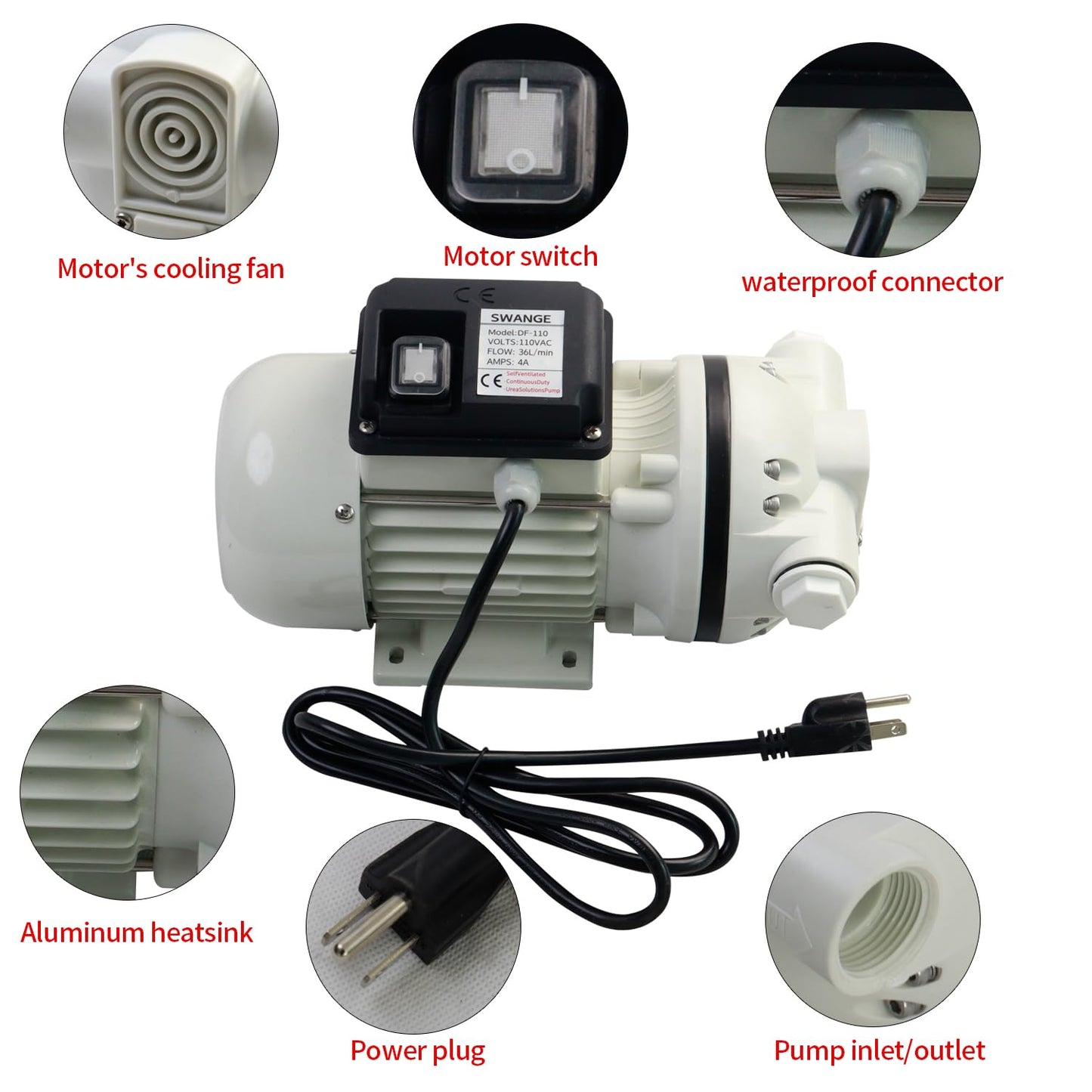 SWANGET AC 110V-120V DEF Transfer Pump for Diesel Exhaust Fluid (DEF) Drum Compatible American Plug, Diaphragm Irrigation Self priming Electric water pump 10.6 GPM 23PSI,14.3lb, Lift 11m,Power 350W