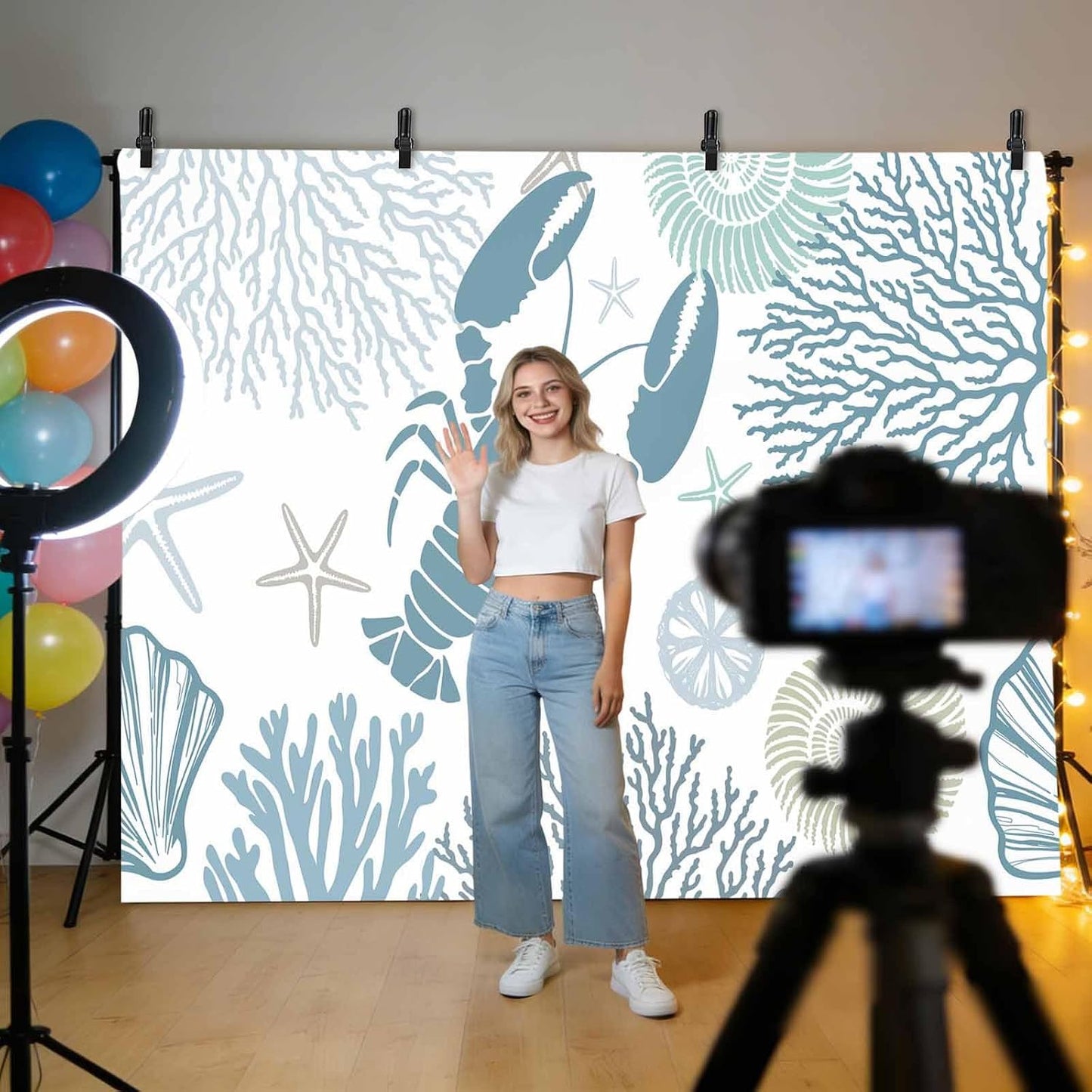 Znujuabbrel 12x8ft Photography Backdrop,Ocean Teal Blue Lobster Coral Starfish Professional Photo Backdrops