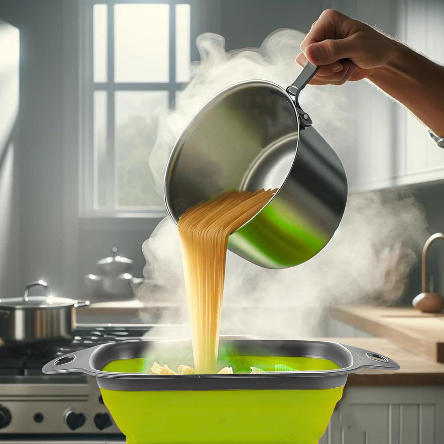 Square Collapsible Colander with Handles – Green Square Silicone Kitchen Strainers with Plastic Handles Foldable Kitchen Strainer Perfect for Draining Pasta Vegetable and Fruit Green