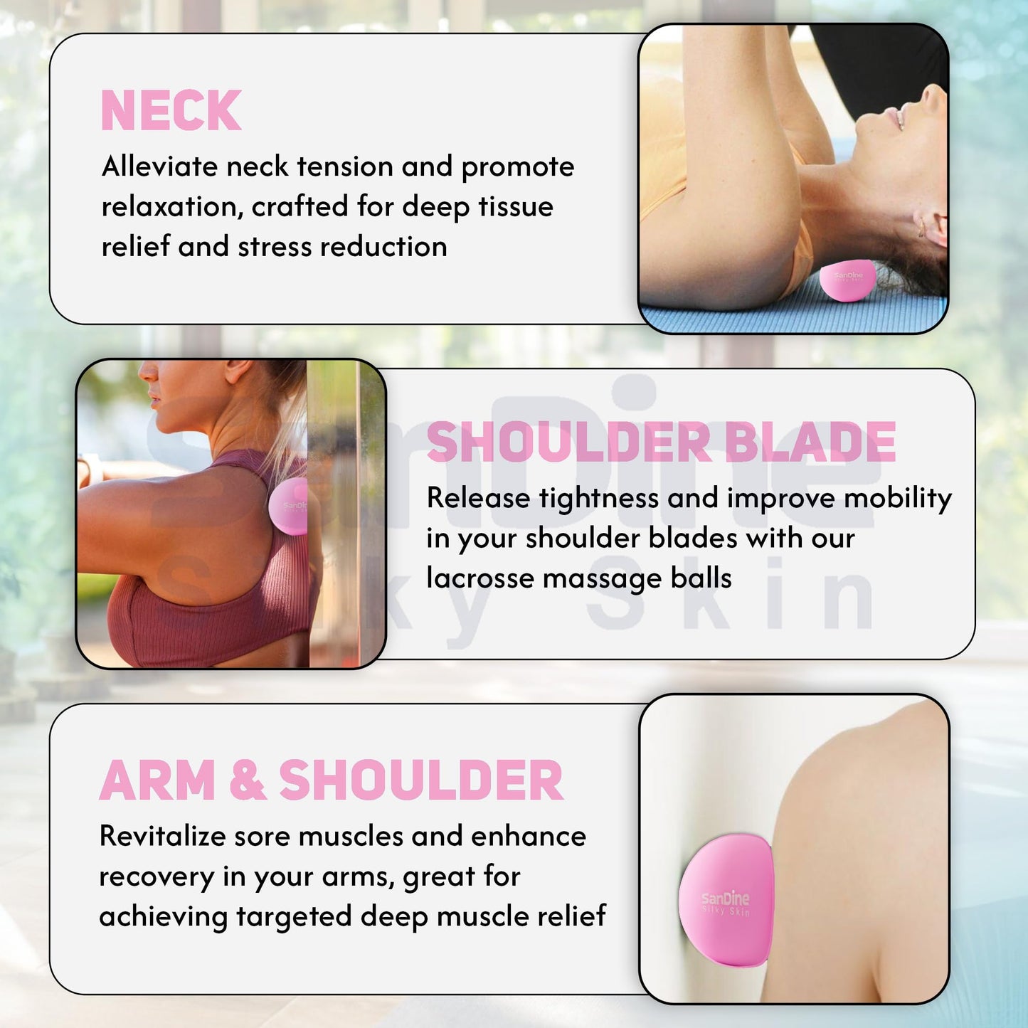 Lacrosse Massage Balls for Deep Tissue Massage - Release Tension Relieve Muscle Soreness Improve Flexibility - Ideal for Myofascial Release Trigger Point Therapy - 2Pack Yoga Balls by Sandine (Pink)