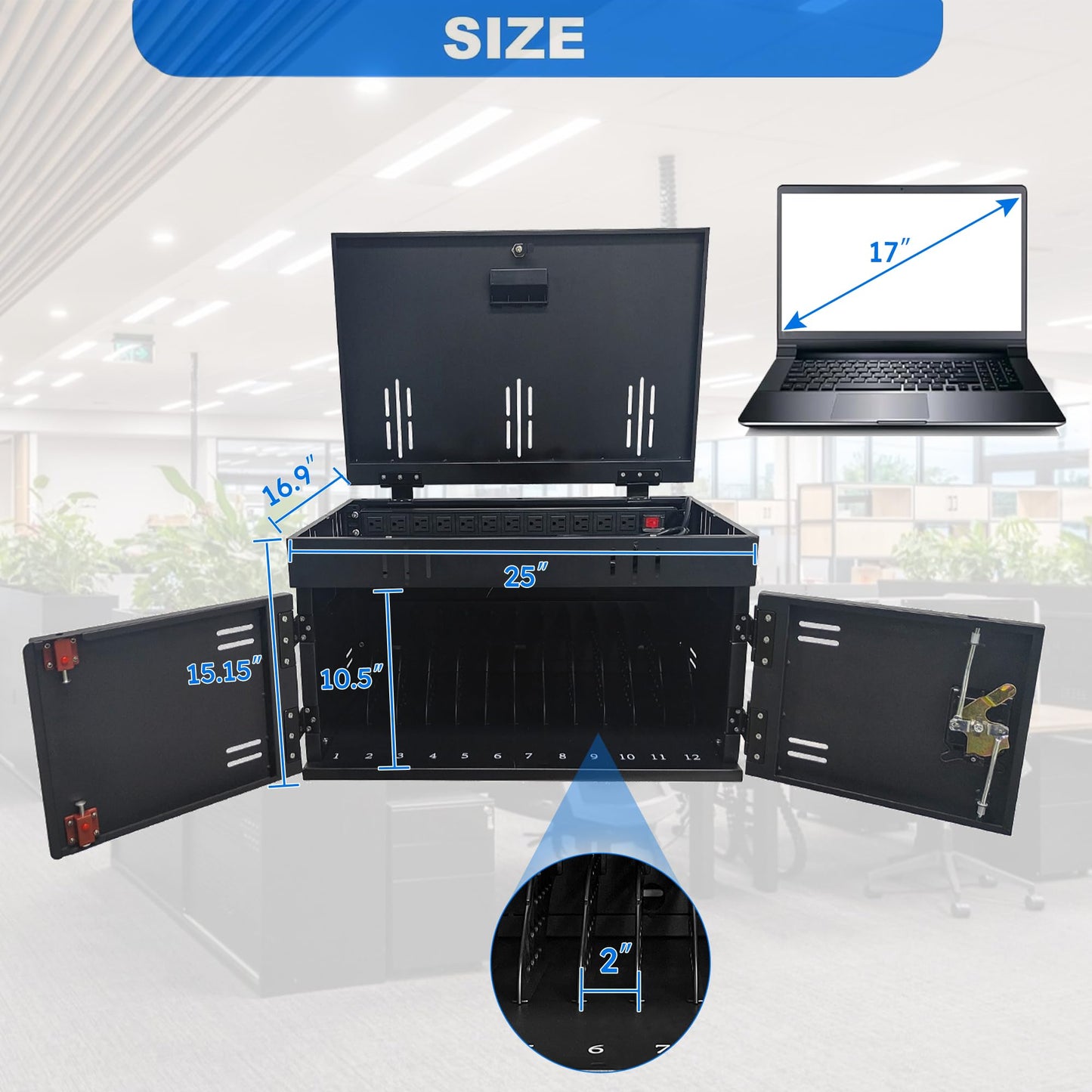 12 Device Charging Station for Laptops & Tablets, Portable Lockable Charging Cabinet Lock Box with Cable Management,Fits 17in Laptop Computers Chromebooks, for Classroom, Library, and Office(Black)