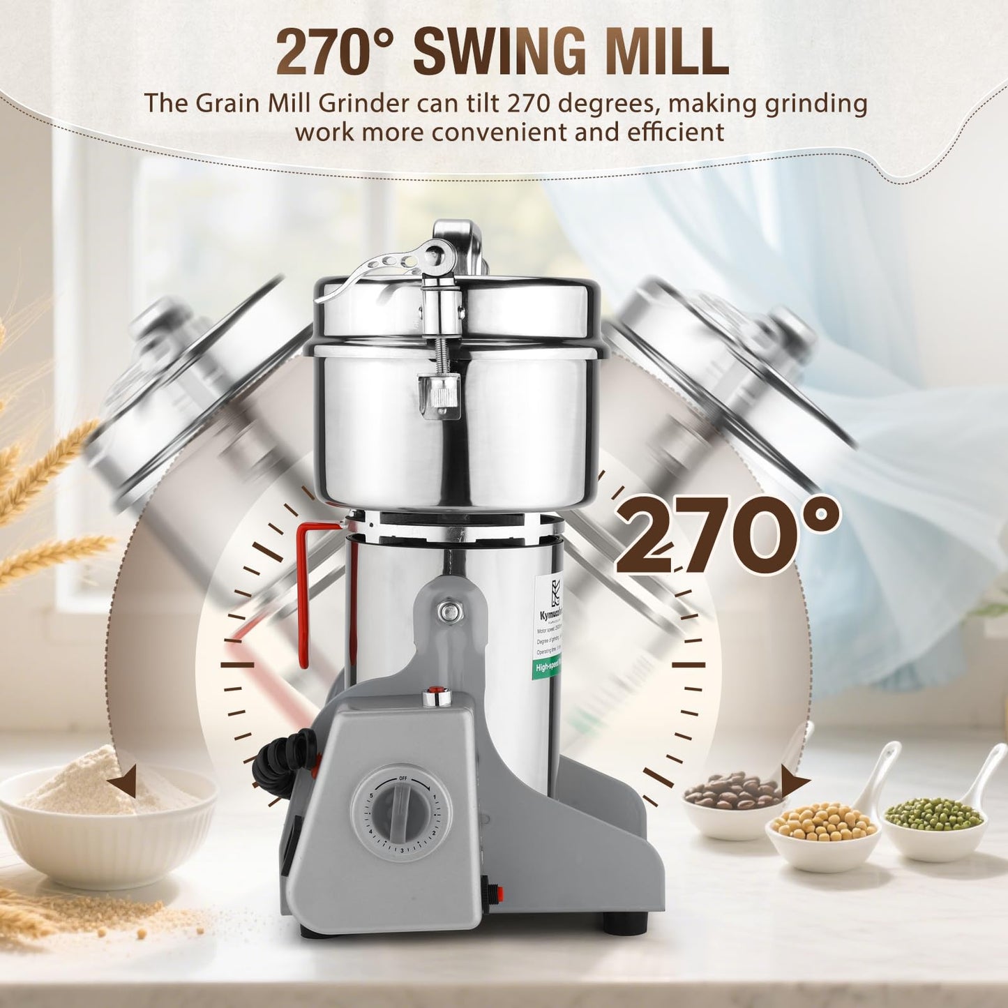 Kymucolvin Electric Grain Mill Grinder-1000g 110V 3500W Performance Grain Mill,Suitable For Kitchen, Household,Commercial Use of Crushing Dry Grains,Spices,Herbs,Coffee,Corn,Pepper Grinder. (1000g)