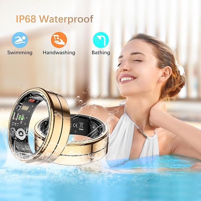 Fit Ring, Smart Health Rings for Women Men with Heart Rate,Blood Oxygen,HRV,Stress Level, Sleep Monitor, Step Tracker, No Subscription Fee, IP68 Waterproof Smart Ring for iphone &Android (Gold, 11#)