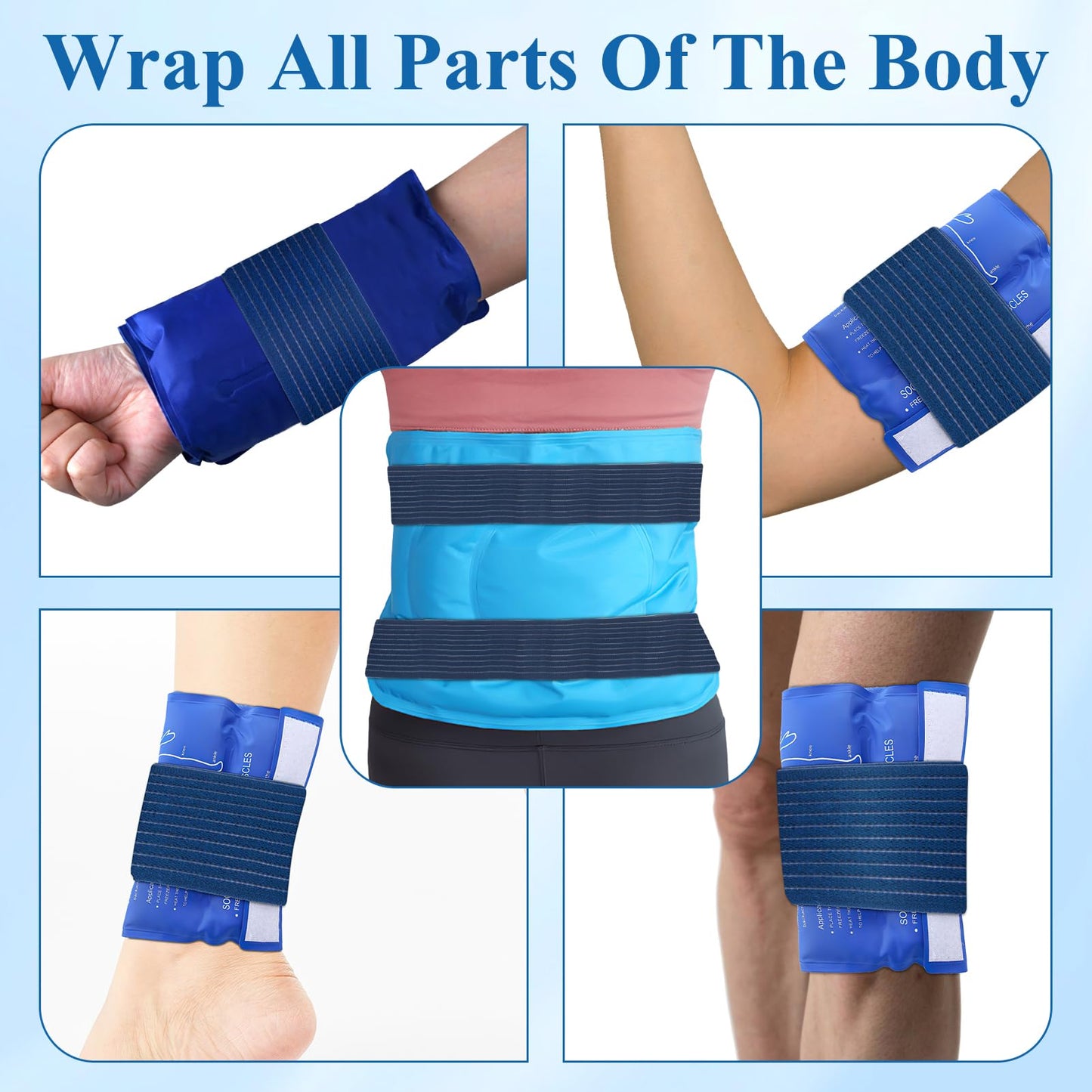 4-Pack Ice Pack Straps, Reusable & Stretchable – 35.5"x3" Adjustable Elastic Wrap with Hook and Loop Closure, Secure Ice Pack Holder for Cold Therapy (Blue)