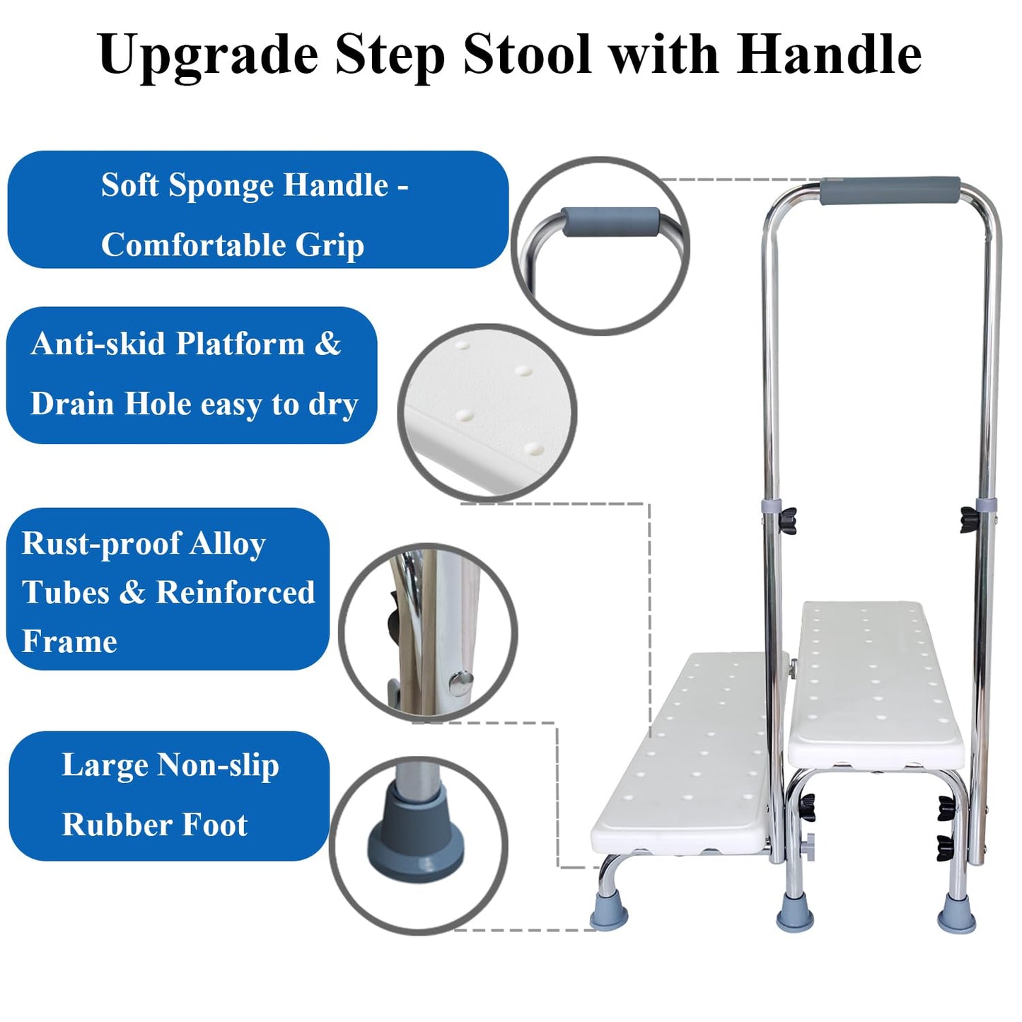 Aliseniors Extra Long Step Stool with Handle, Heavy-Duty Non-Skid Platform, Bed Steps for High Beds for Adults and Seniors, Foot Step Stool for Kitchen, Supports up to 400 lbs