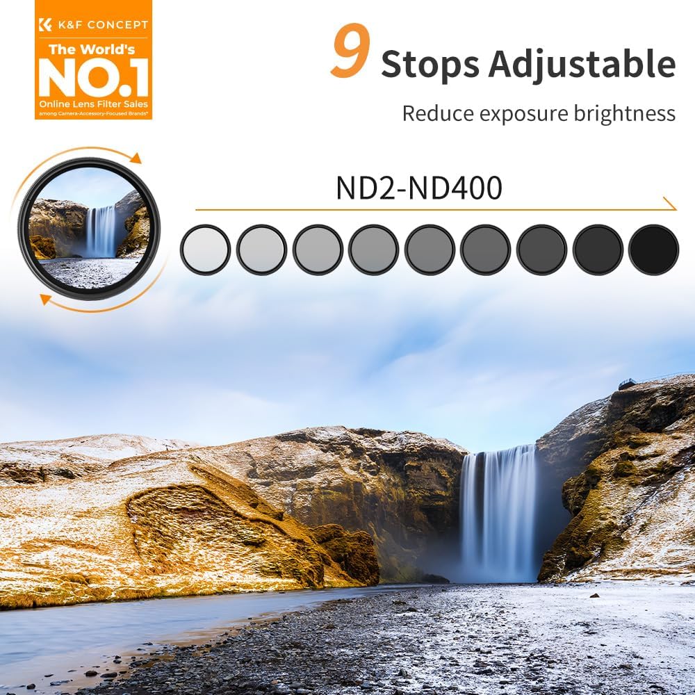 K&F CONCEPT 46mm ND2-ND400 (1-9 Variable ND Lens Filter Stops) for Camera Lens, Adjustable Neutral Density Filter