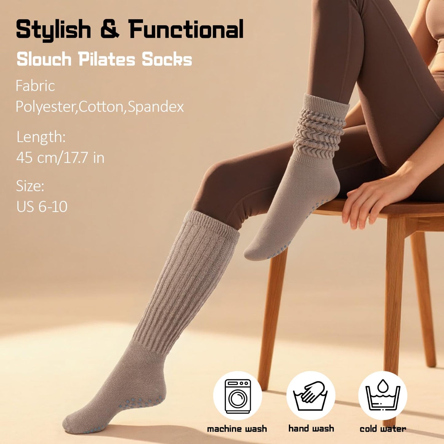 MKYSZLT 6 Pairs Grip Pilates Socks for Women Non Slip Grippy Slouch Scrunch Yoga Barre Socks with Grips Workout Hospital (1#(white,black,khaki,gray,pink,beige))