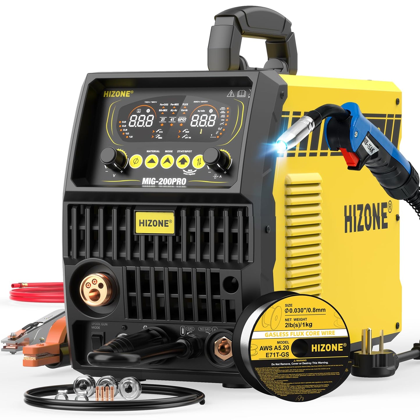 HIZONE MIG-200PRO MIG Welder, 200Amp 110/220V 8 in 1 MIG Welding Machine, Gas MIG/MAG/Flux MIG/Spool Gun/Spot Welding/Lift TIG/Stick Multiprocess Welder, Aluminum & Copper Support