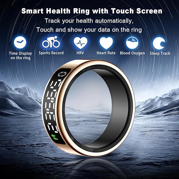 Smart Health Ring with Screen,for Women Men Fitness Tracker with Heart Rate, Blood Oxygen, HRV, Sleep Monitoring, Step Counting, IP68 for iPhone and Android, No Subscription Fee (Gold, 11#)