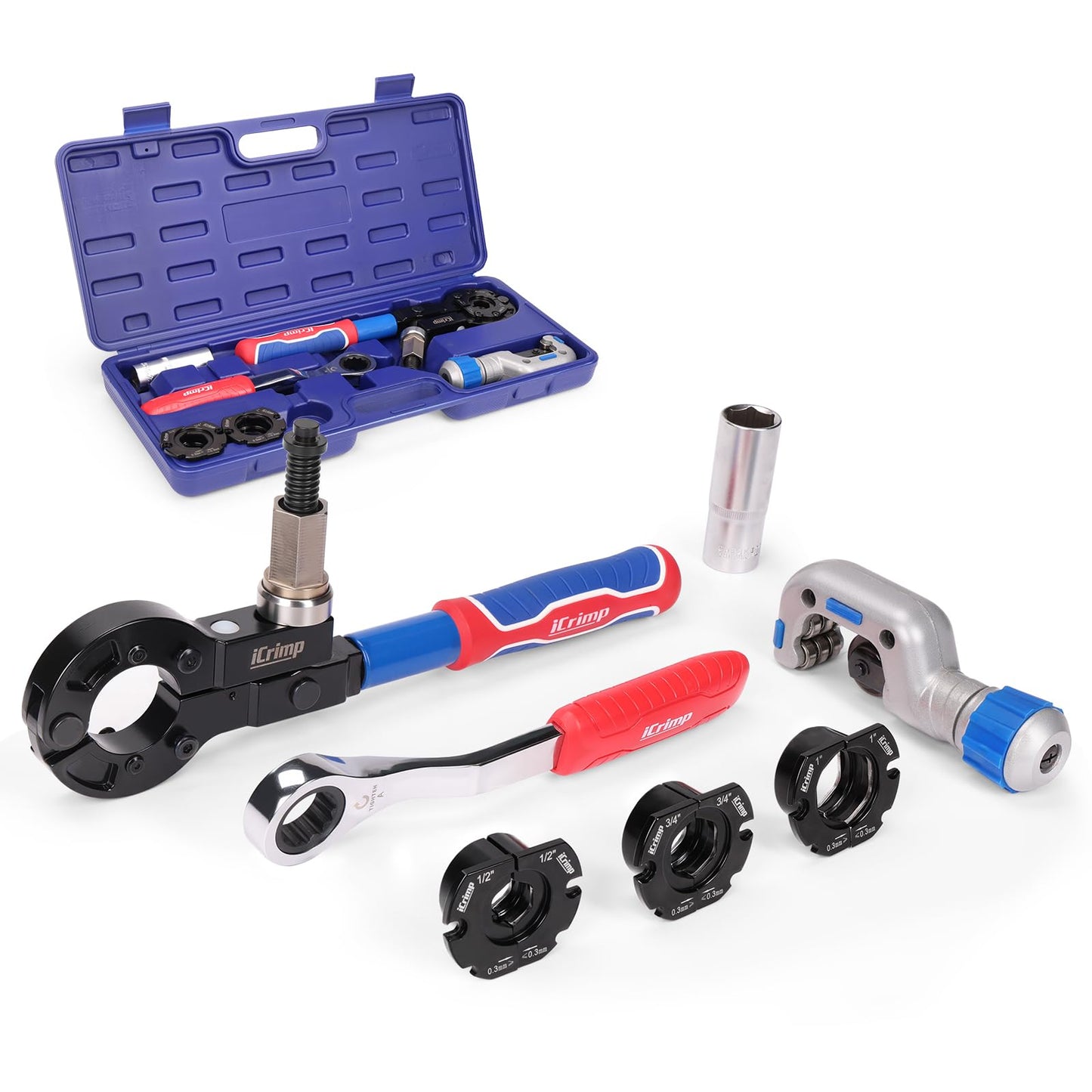 iCrimp Copper Pipe Press Tool for 1/2" 3/4" 1" Fittings, Manual Wrench & Electric Socket Dual-Drive Crimping Tool with Cutter, Compatible with ProPress, Compact Design for Tight Spaces