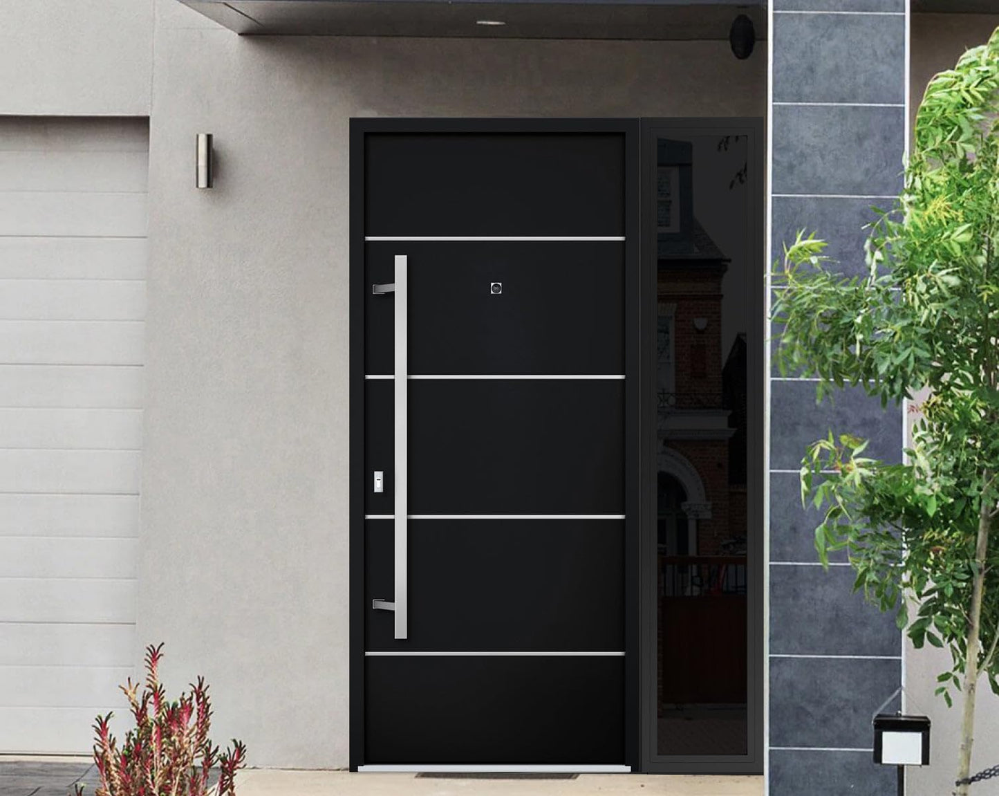 VDOMDOORS Front Exterior Prehung Steel Door/Deux 6083 Black Enamel/Side Exterior Window Sidelite/Stainless Inserts Entry Metal Modern Painted W36+16" x H80 Right Hand Inswing
