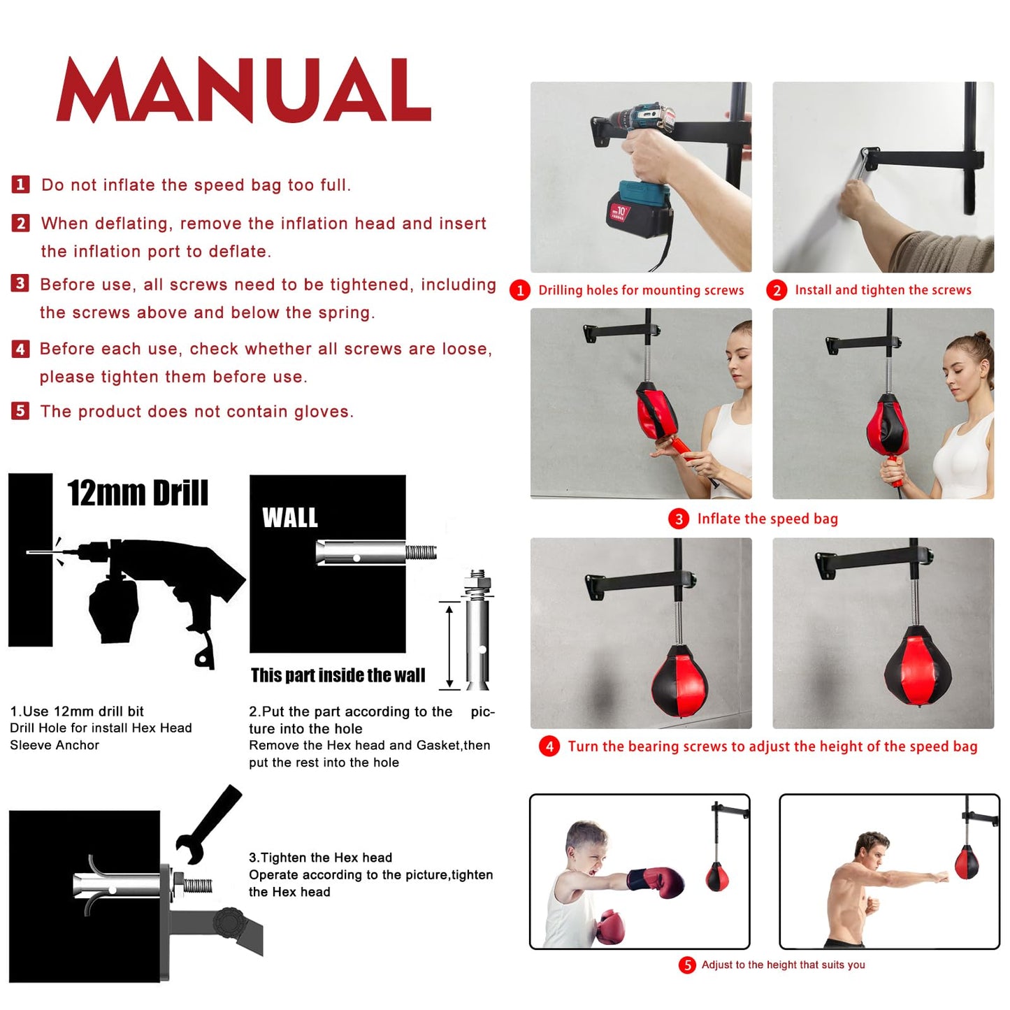 Speed Bags for Boxing, Punching Bag with Reinforced Spring Wall-Mounted Strong Durable Punching Bag with Stand, Height Adjustable, for Kids & Adults (Black/Red)