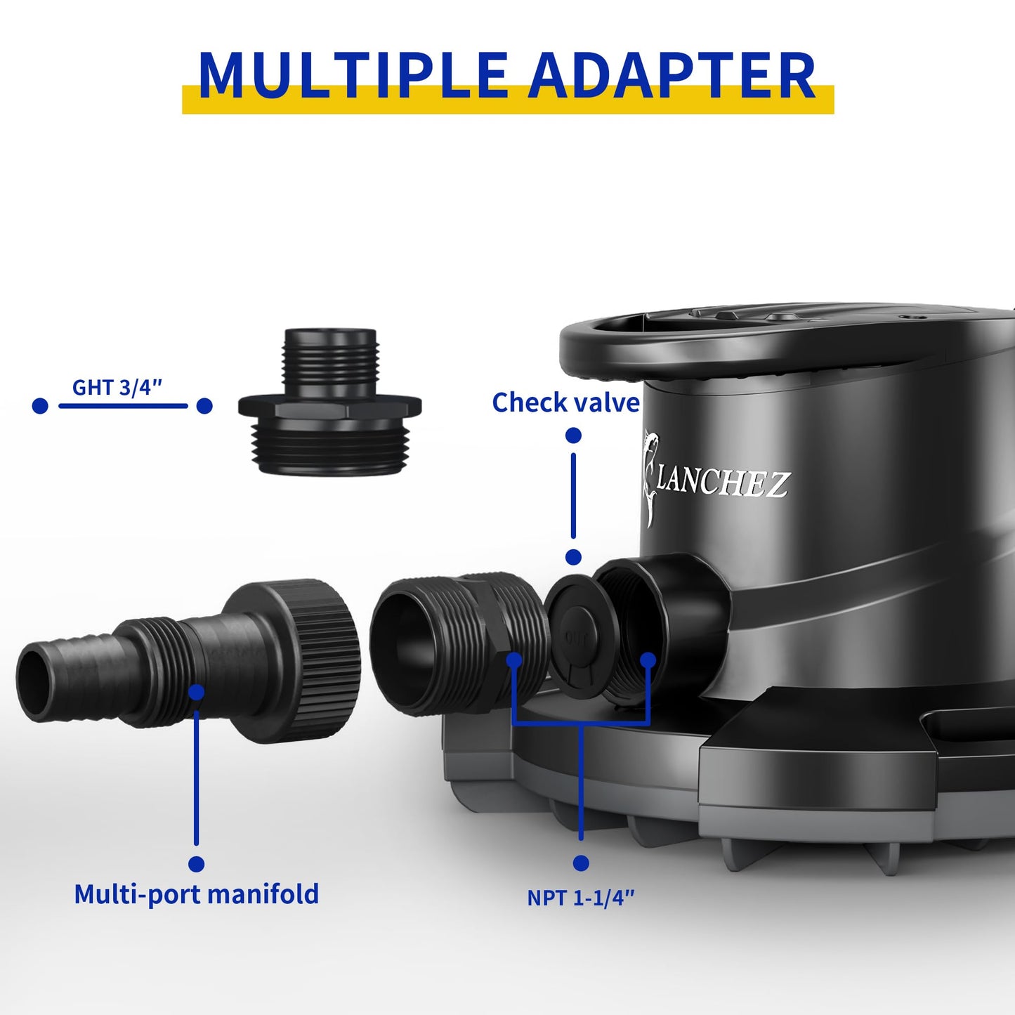 LANCHEZ 1/2HP Automatic Swimming Pool Cover Pump, 2250GPH Submersible Water Sump Pump with Check Valve & 3 Adapters, 25ft Power Cord, Removal for Swimming Pool, Hot Tubs, Rooftops and more,Black