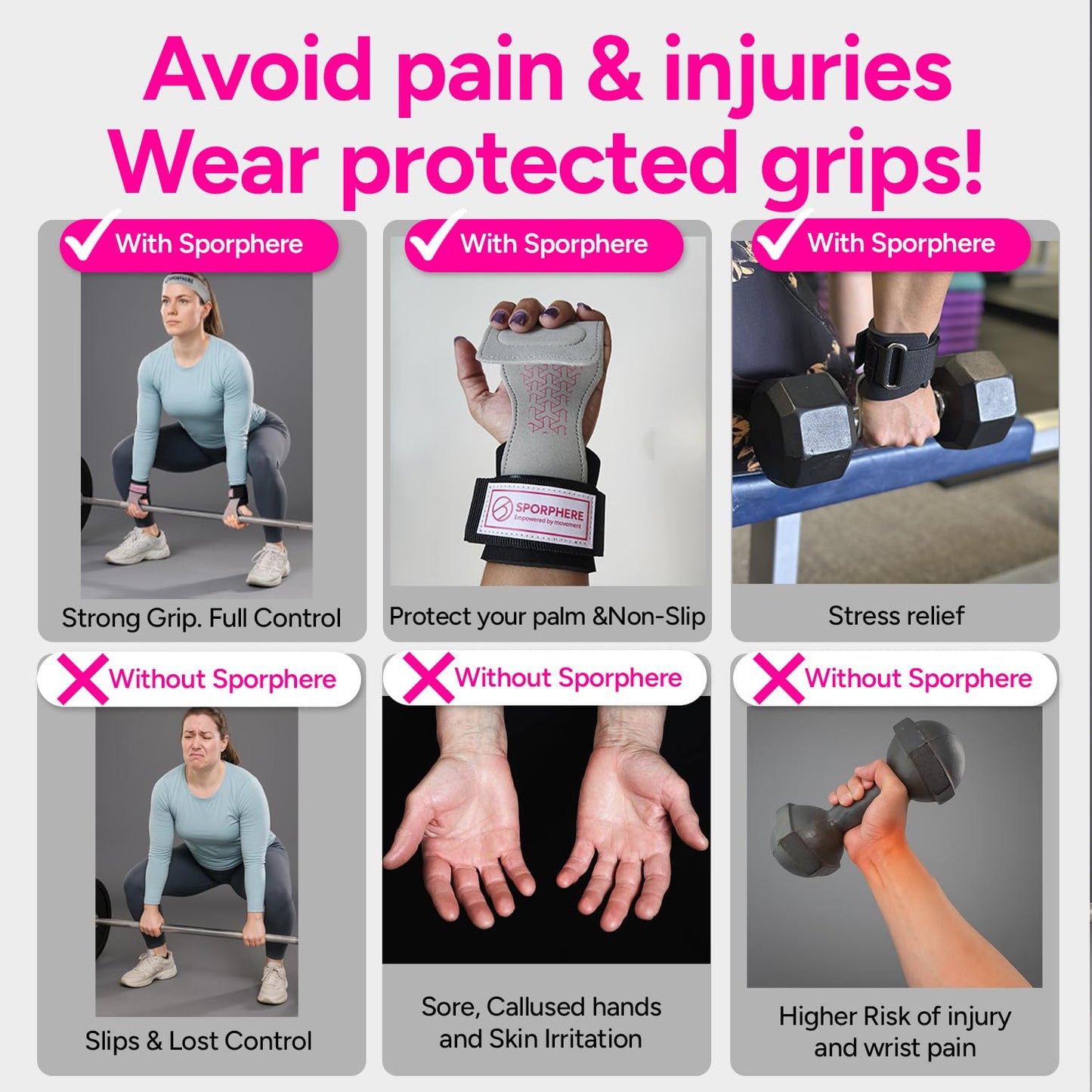 SPORPHERE Premium Crossfit Grips for Women – Anti-Slip Lifting Grips & Wrist Straps for Weightlifting, Workout, Deadlift, Pull-Ups, Barbell, Easy-to-Clean, Odor Free, Size Medium