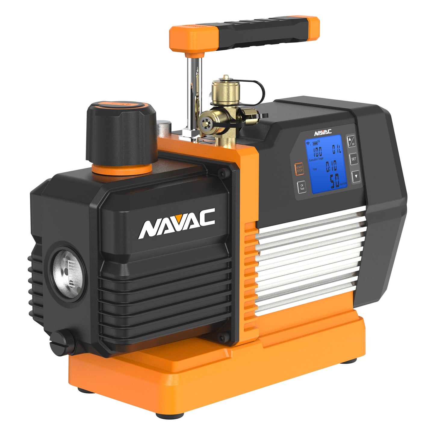 NAVAC Smart Vacuum Pump - 8 CFM Dual-Stage AC Motor, 15 Micron, Real-Time Readings with Digital Display & Compatible NMV1S Bluetooth Gauge, Compact HVAC Pump, Vacuum Gauge Not Included, 28.6 lbs