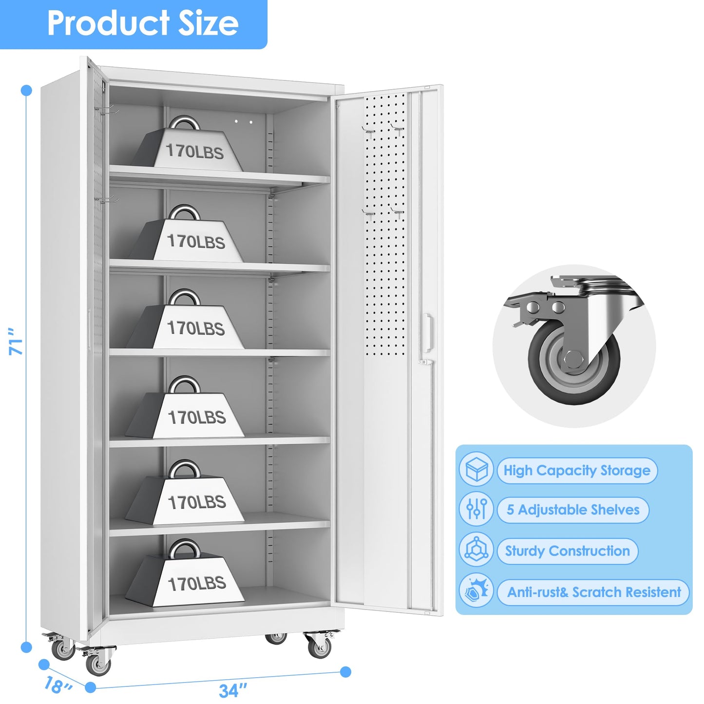 Reemoon 71" Tall Metal Garage Storage Cabinet with Wheels and Pegboard, Rolling Steel Cabinet with 5 Adjustable Shelves and Locking Doors for Garage Home Office Storage, White, Assembly Required