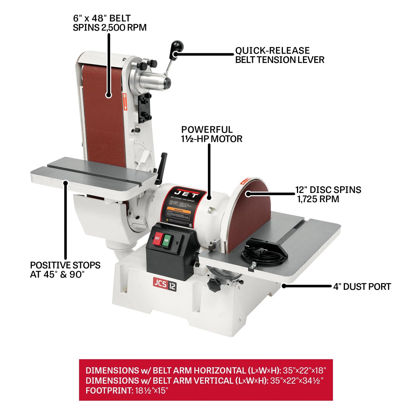 JET Benchtop 6" x 48" Belt & 12" Disc Sander, 1-1/2 HP, 115/230V 1Ph (JSG-6DC)