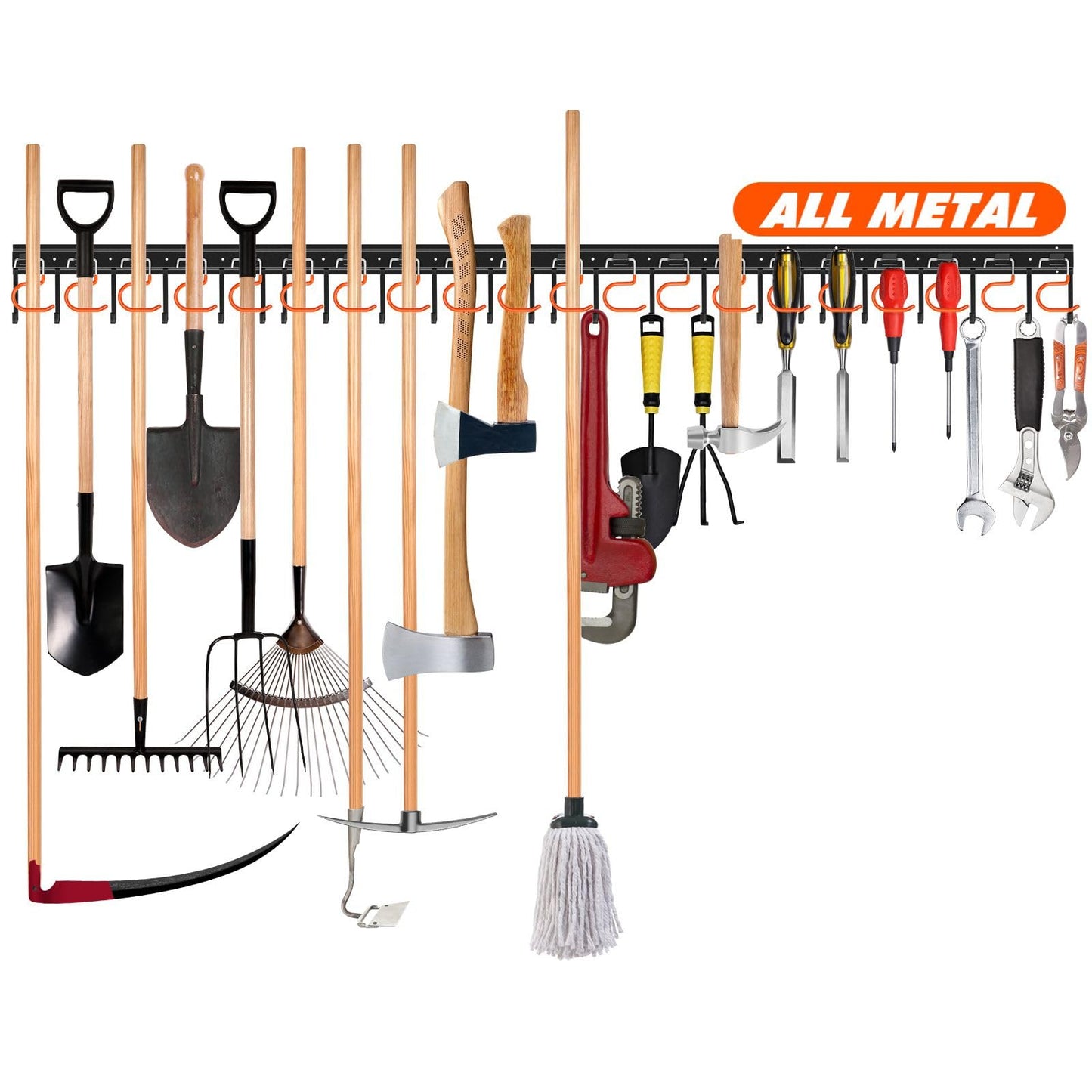 TVKB 68'' All Metal Garden Tool Organizer Adjustable Garage Tool Organizer Wall Mount Garage Organizers and Storage with Heavy Duty Hooks Tool Hangers for Garage Wall, Shed, Garden