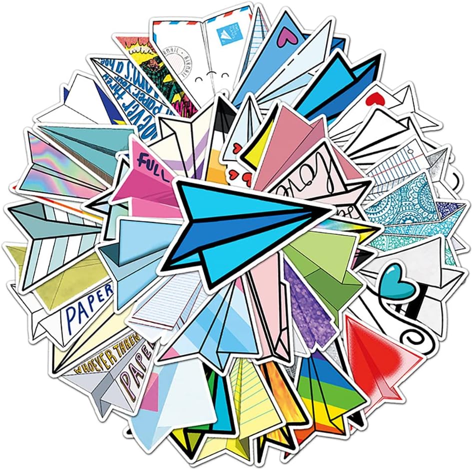 Mekycro Pack 50 Set Paper Airplane Stickers PCS, Retro Aesthetic Vinyl Waterproof Die-Cut Colorful Paper Plane Sticker