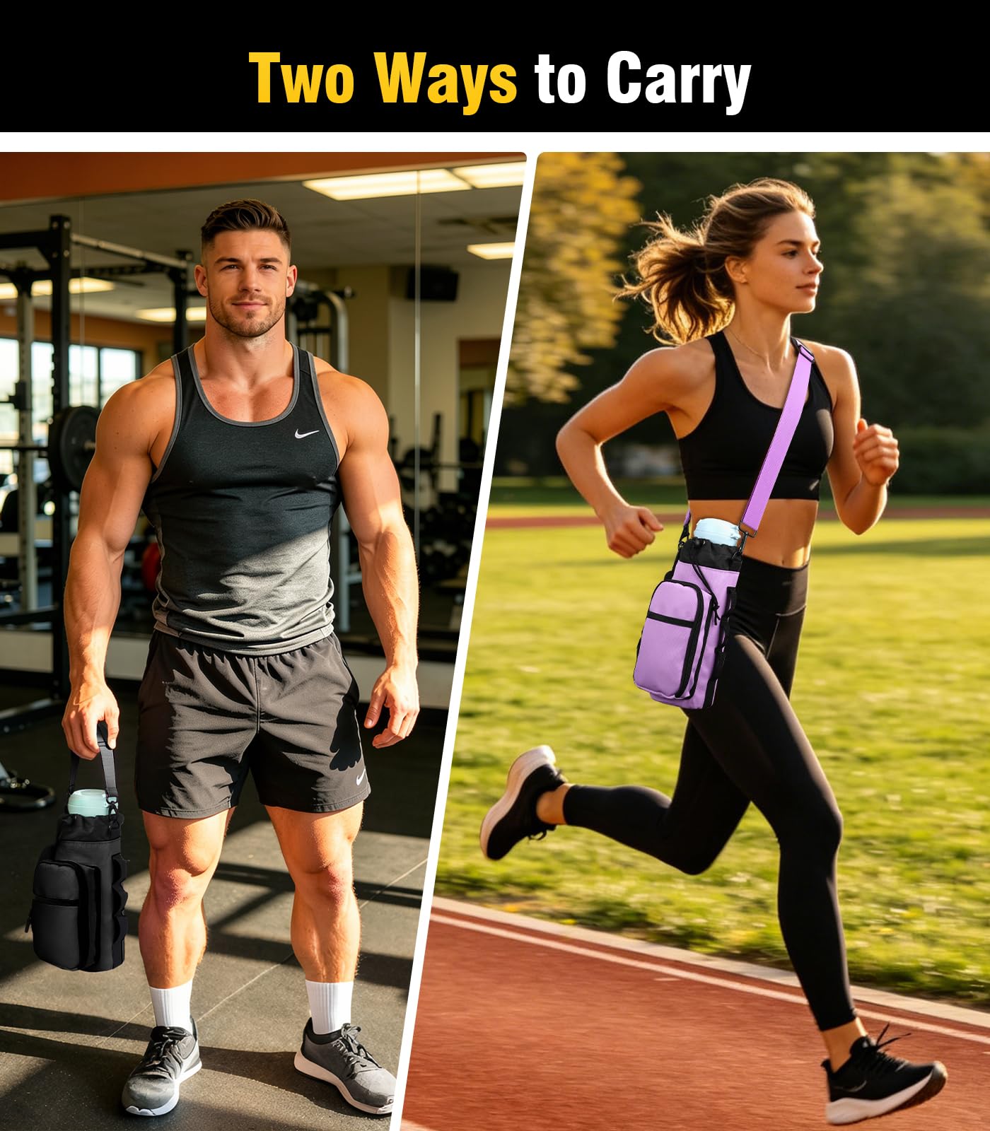 TiMOVO Magnetic Gym Bag, Water Bottle Holder with Strap & Phone Pockets, Built-in 5 Neodymium Magnets, Fits 18–40 oz Bottles, Gym Accessories for Sports, Travel, Workout, Lilac